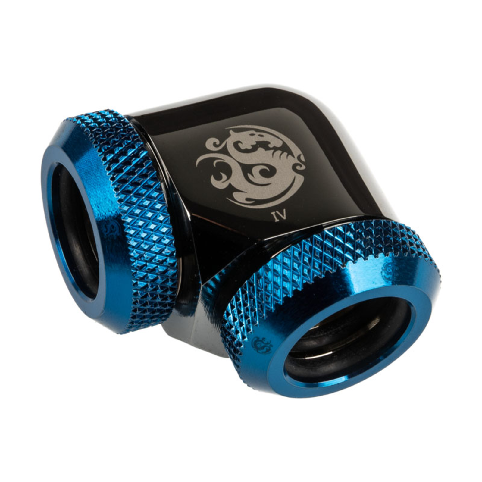 Bitspower Adapter 90 Degrees 12mm OD Hardtube to 12mm OD Hardtube Black Glossy/blue