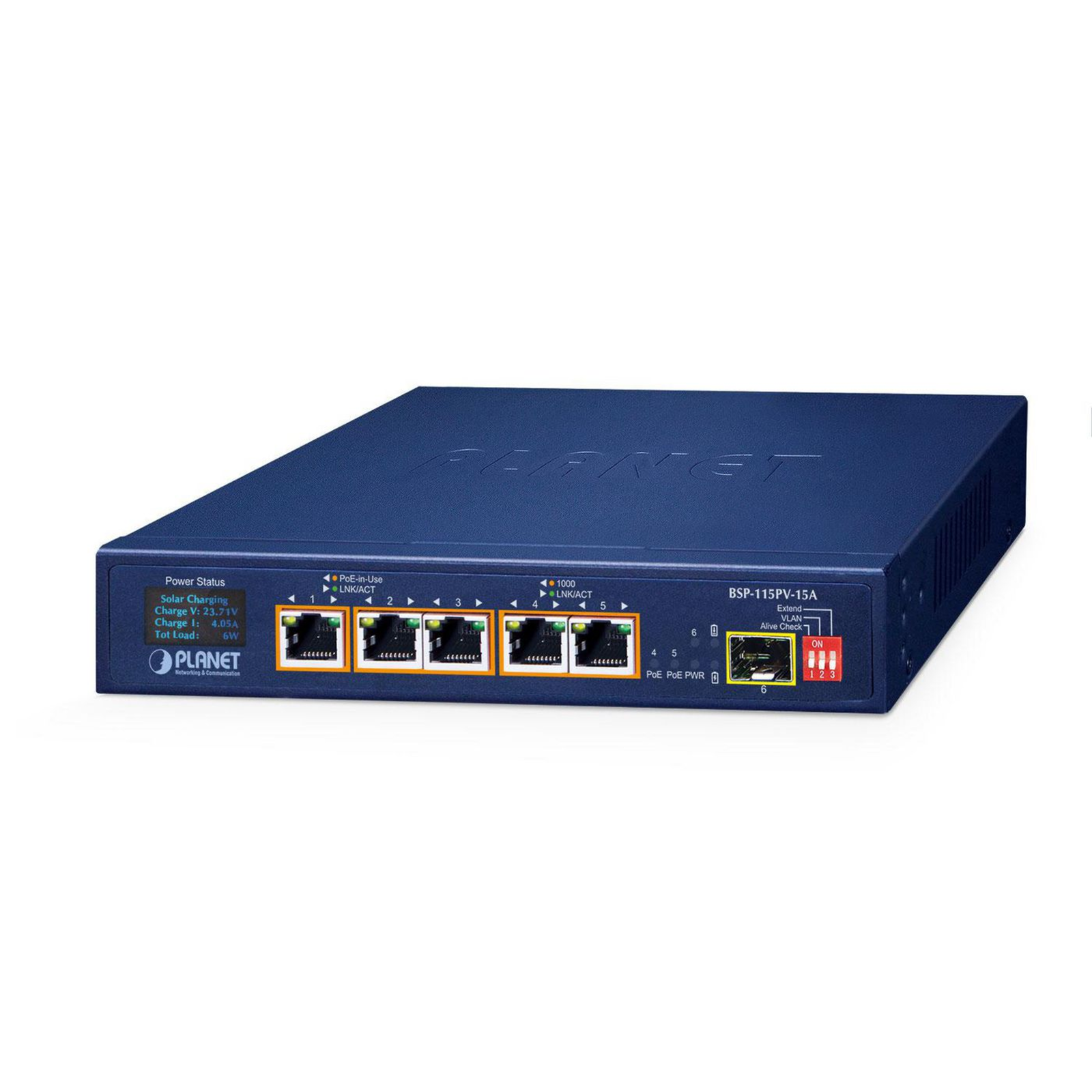 Planet BSP-115PV-15A Solar PoE+ Switch 5x1Gb 1x1Gb SFP 5x PoE+ 802.3at -20-65C IP30 LCD D