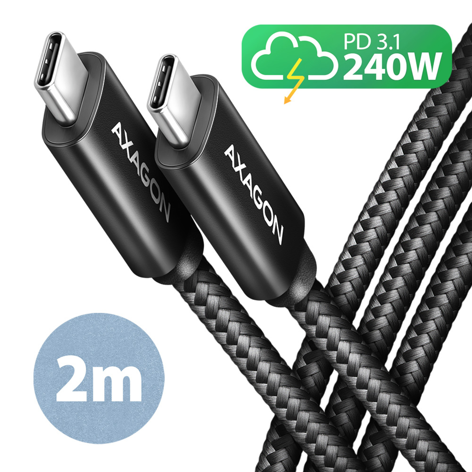 Axagon BUCM2-CM20AB Charging Cable USB-C to USB-C 2.0 2 M PD 240 W 5 A ALU Black
