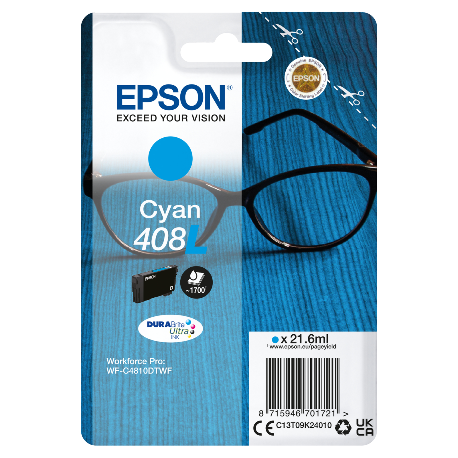 Epson Singlepack cyan 408L DURABrite Ultra Ink High XL Yield 21.6 Ml