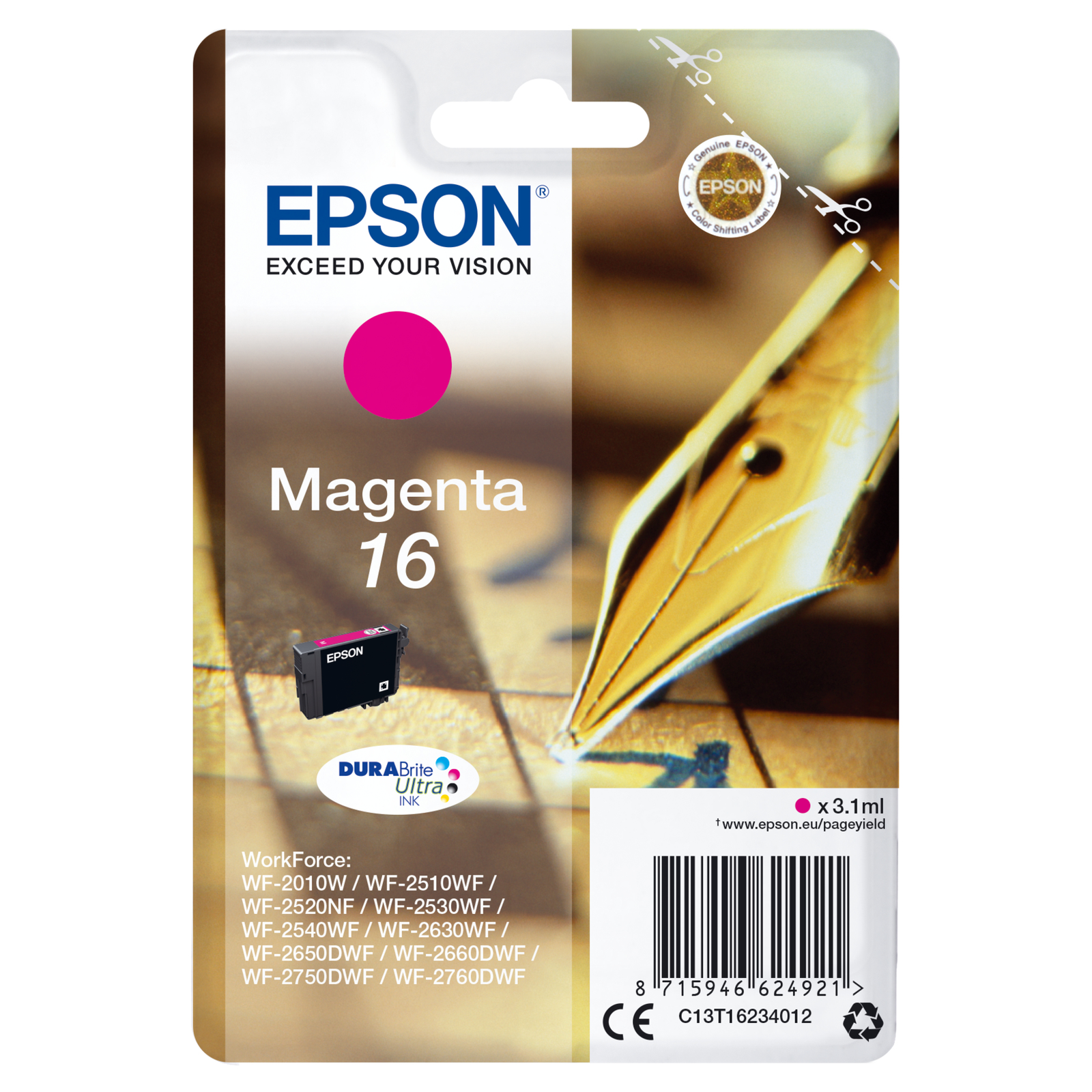 Epson 16 3.1 Ml magenta Original Ink Cartridge WorkForce WF-2010 2510 2520 2530 2540 2630 2650 2660.