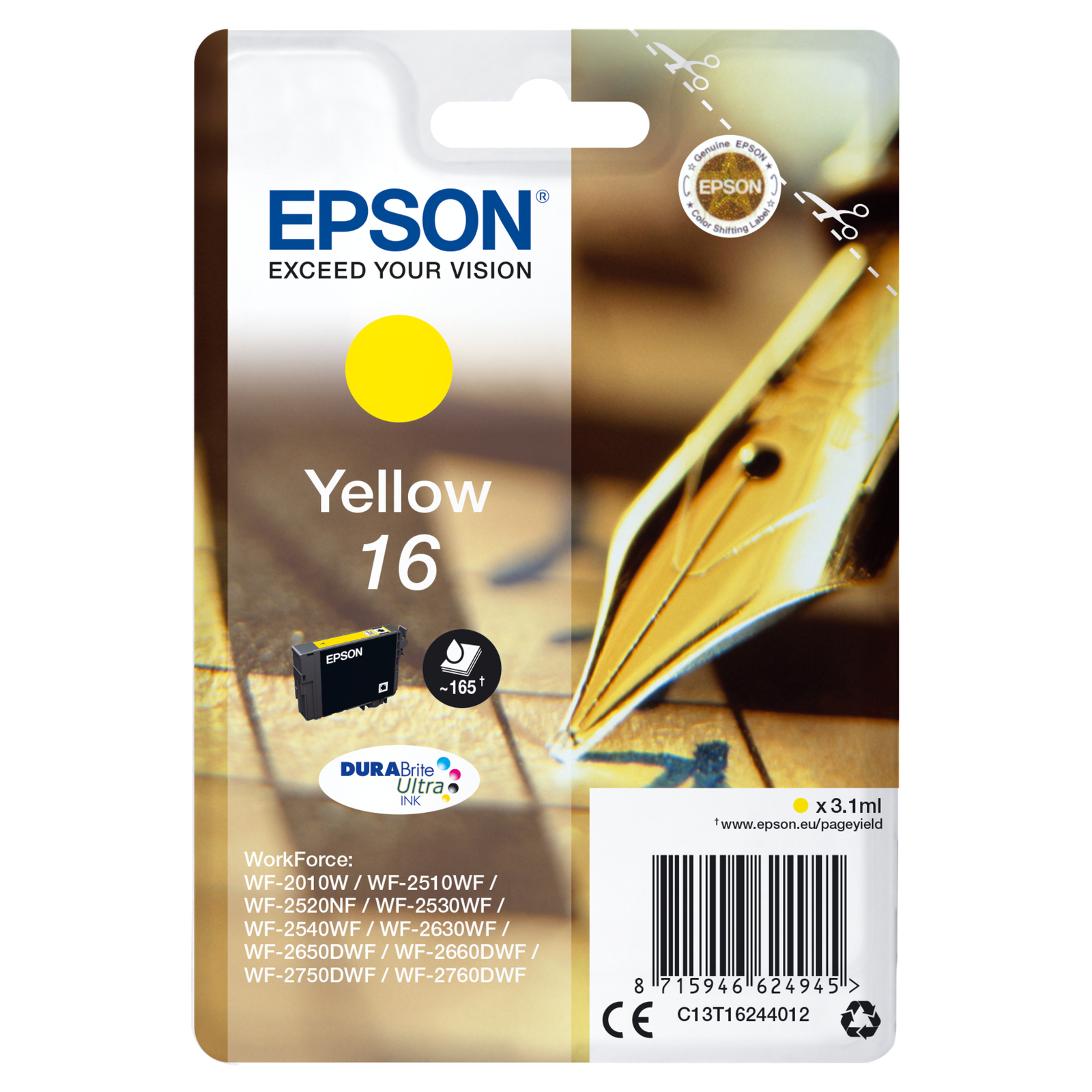 Epson 16 3.1 Ml Yellow Original Ink WorkForce WF-2010 WF-2510 WF-2520 WF-2530 WF-2540 W F-2630.