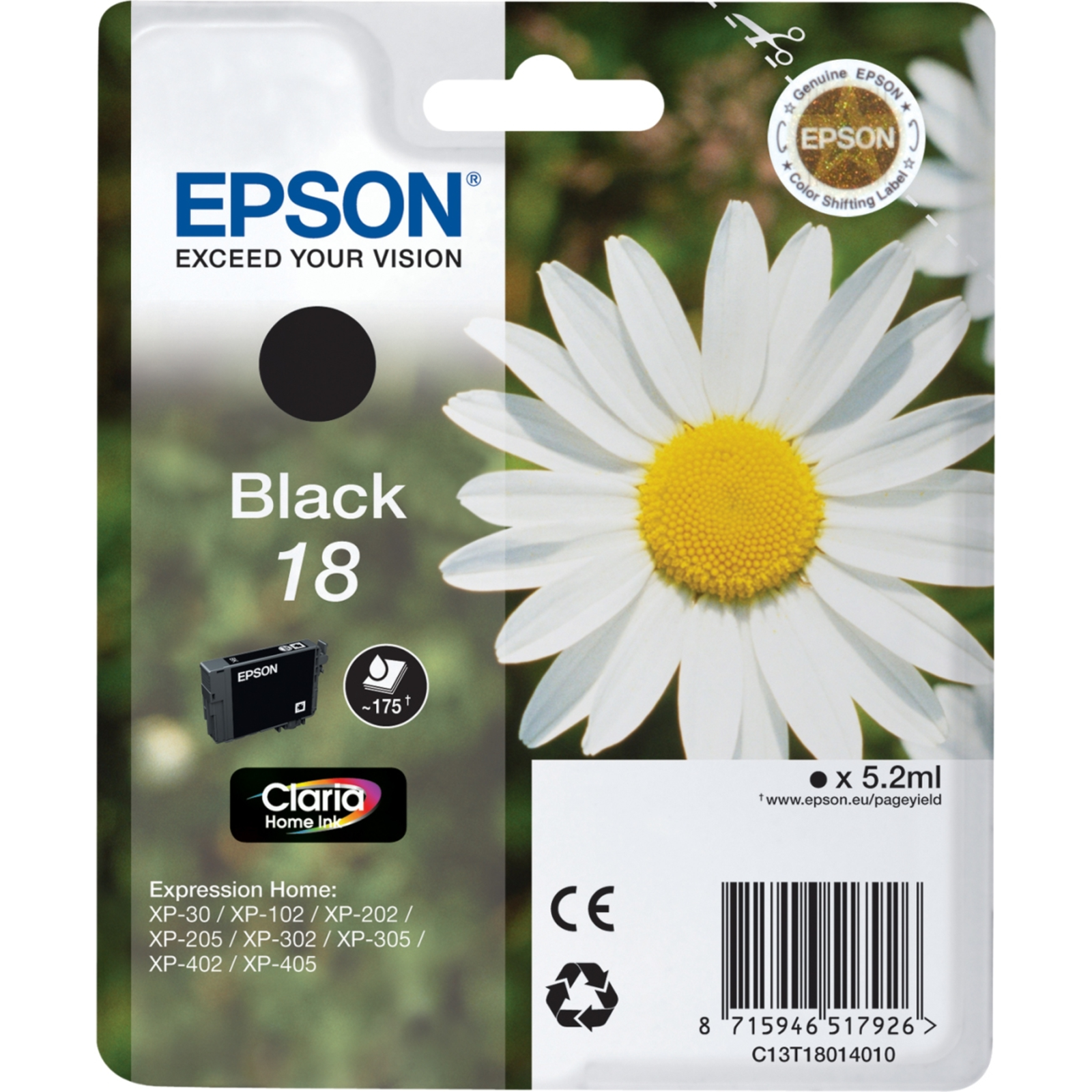 Epson 18 Black Original Ink Cartridge Expression Home XP-212 215 225 312 315 322 325 412 415 422 425