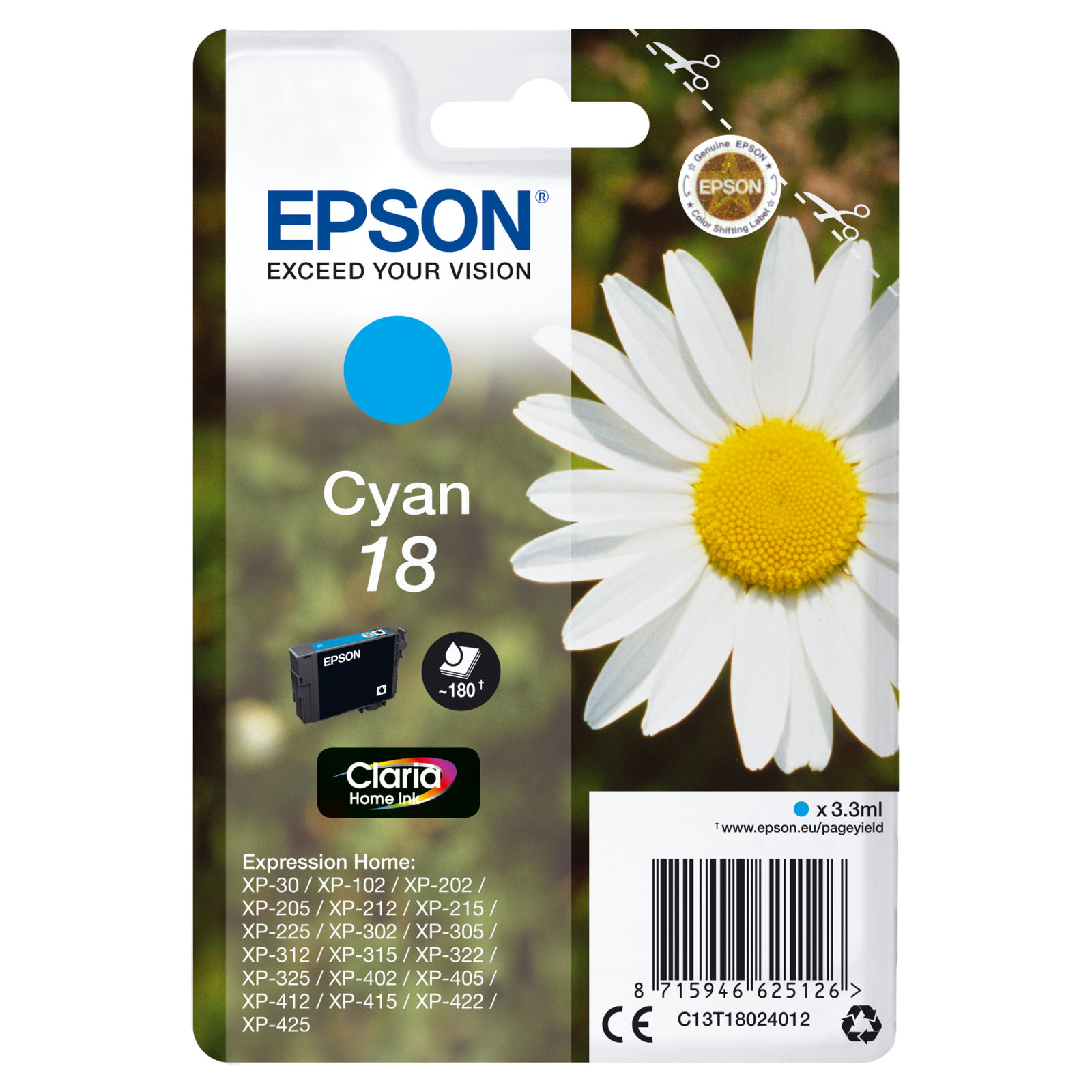 Epson 18 3.3 Ml cyan Original Ink Cartridge Expression Home XP-212 215 225 312 315 322 325 412 415.