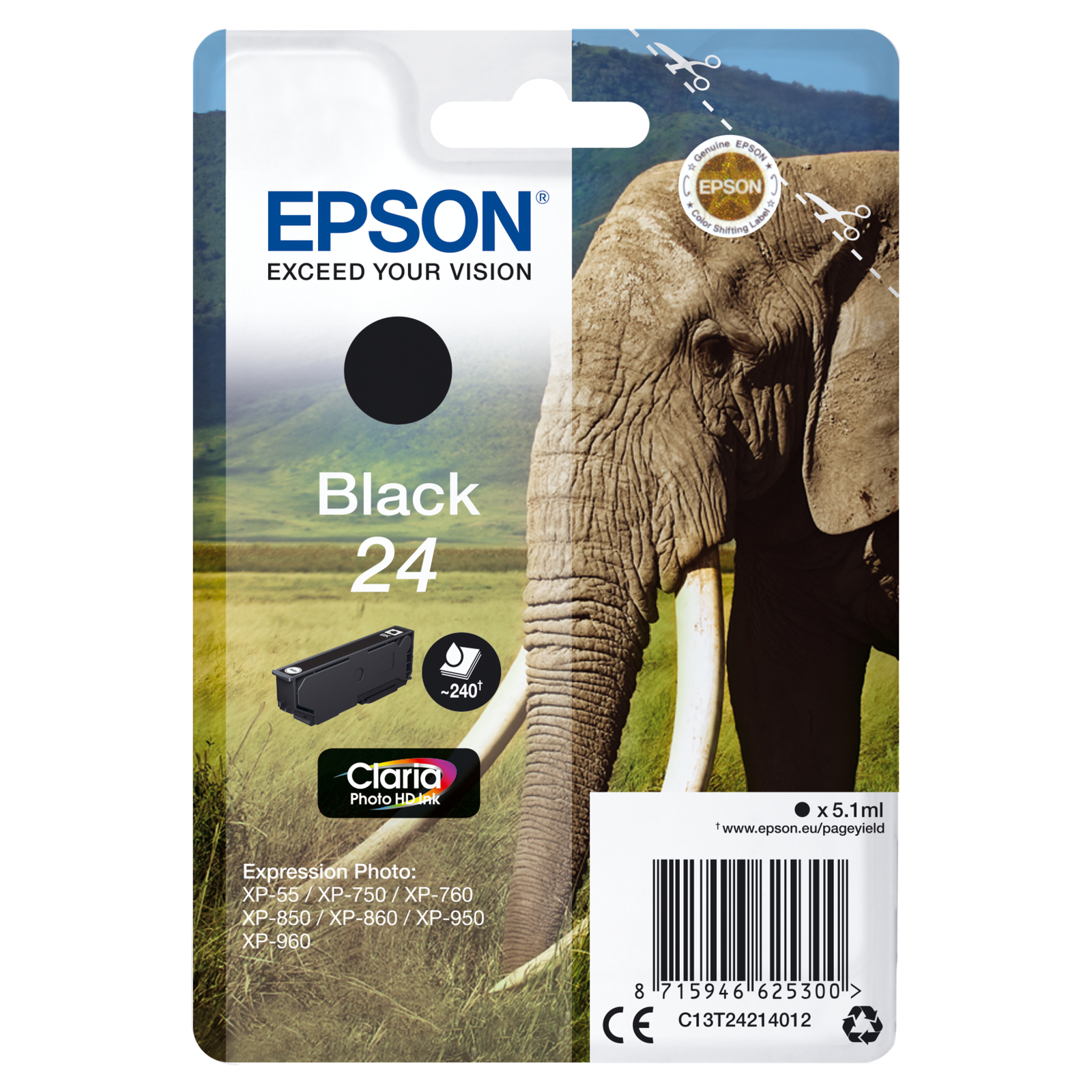 Epson 24 5.1 Ml Black Original Ink Cartridge Expression Photo XP-55 750 760 850 860 950 960 970