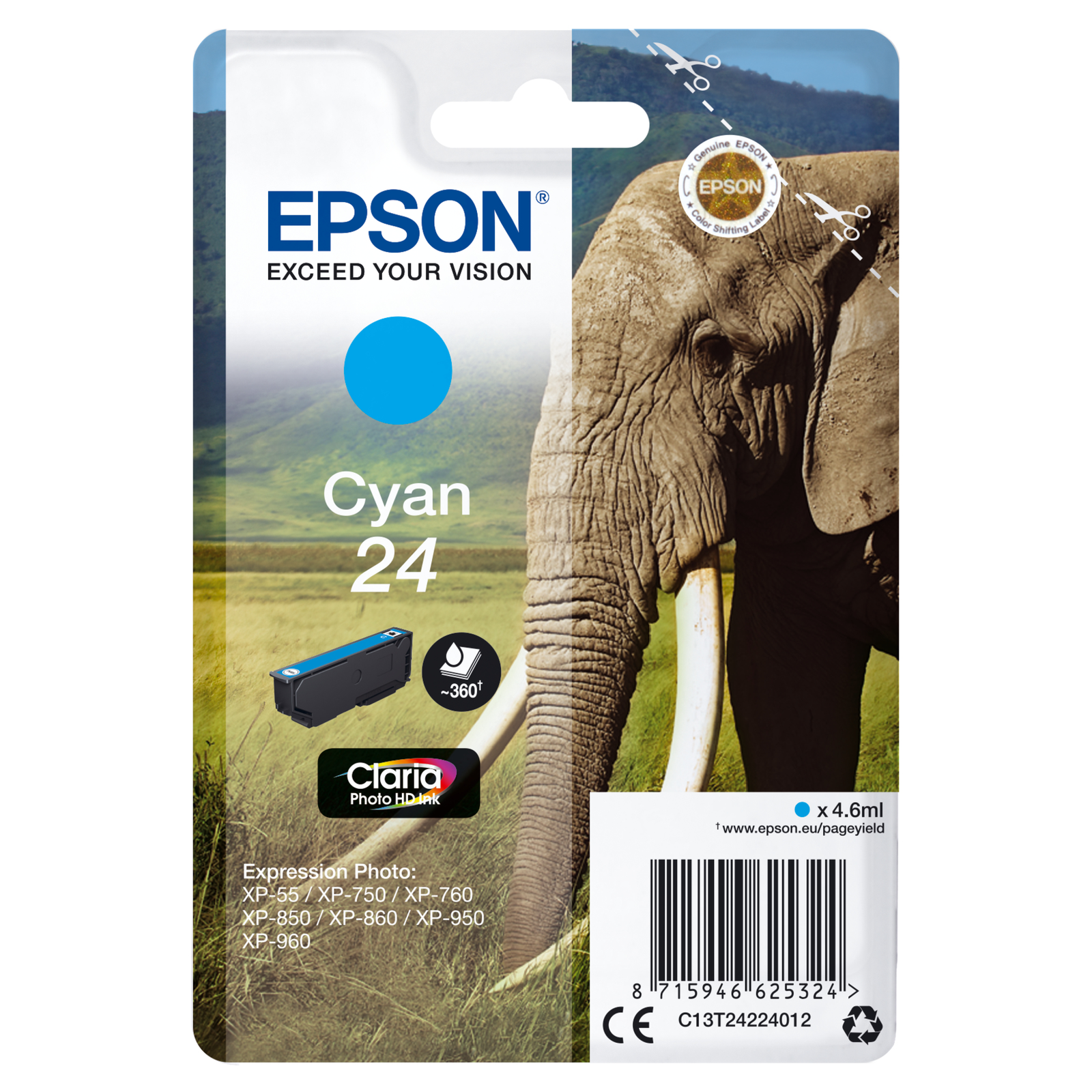 Epson 24 4.6 Ml cyan Original Ink Cartridge Expression Photo XP-55 750 760 850 860 950 960 970.