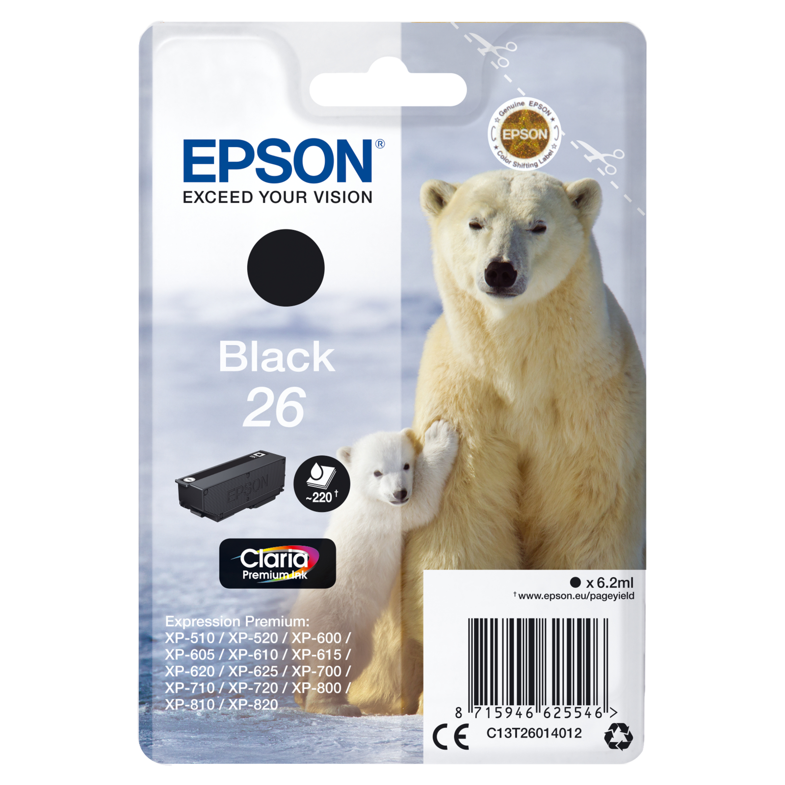 Epson 26 6.2 Ml Black Original Ink Cartridge Expression Premium XP-510 520 600 605 610 615 620 625.