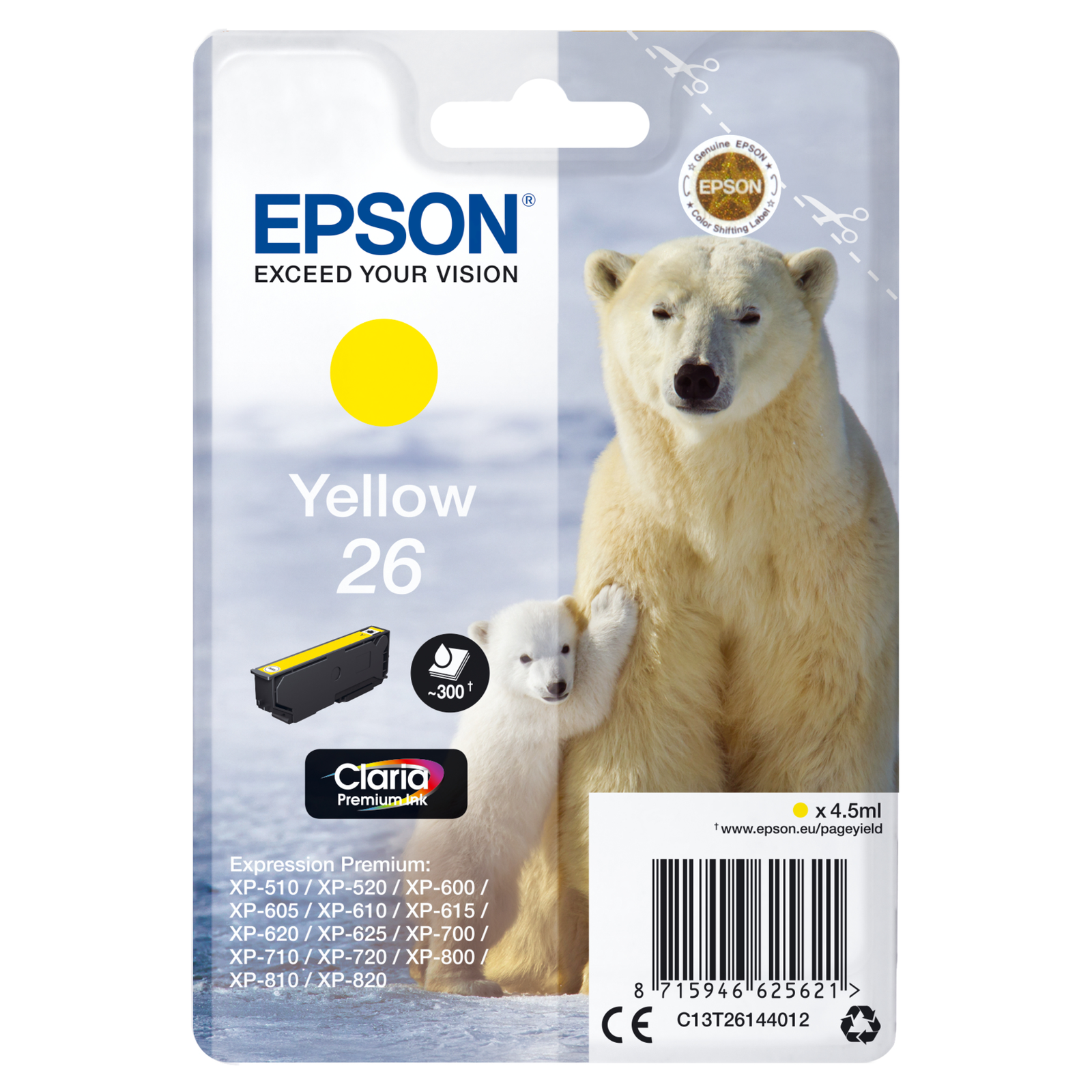 Epson 26 4.5 Ml Yellow Original Blister Pack Ink Cartridge Expression Premium XP-510. 520. 600. 605