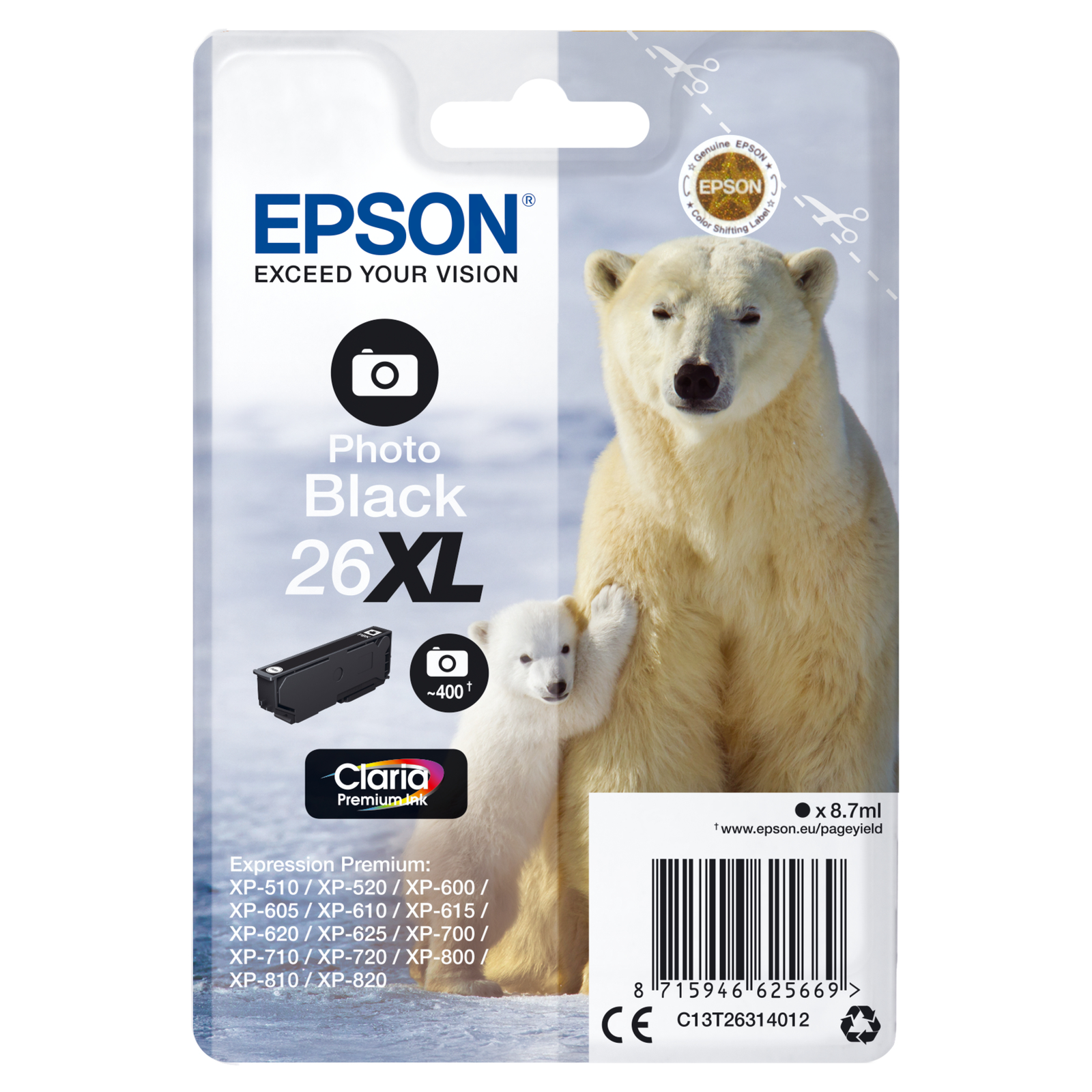 Epson Polar Bear Singlepack Photo Black 26XL Claria Premium Ink High XL Yield