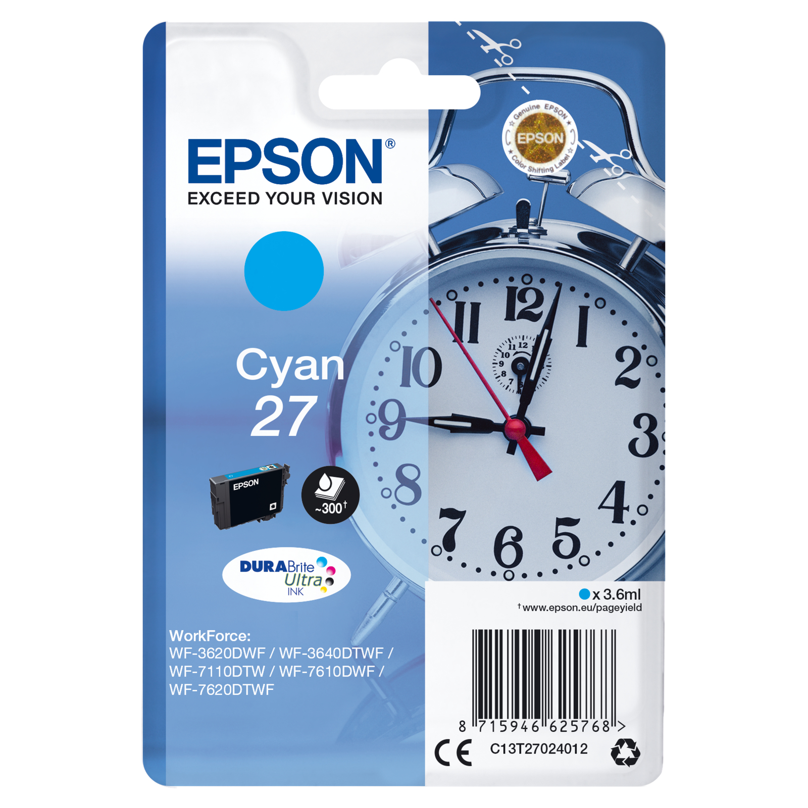 Epson 27 3.6 Ml cyan Original Ink WorkForce WF-3620 WF-3640 WF-7110 WF-7210 WF-7610 WF- 7620.