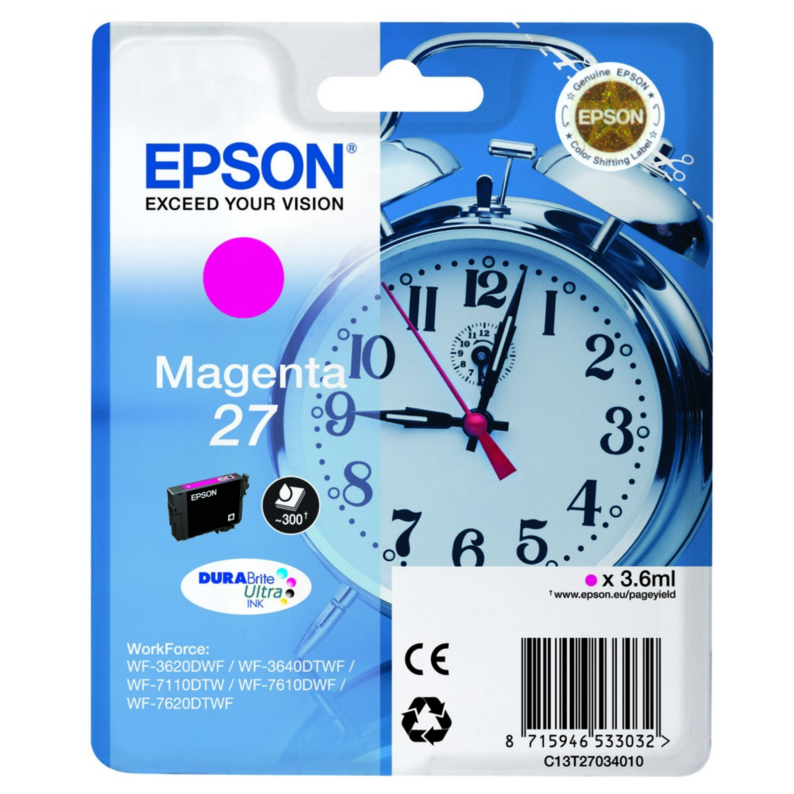 Epson 27 Ink Cartridge 1 X magenta 300 Pages Blister Pack for WorkForce WF-7620DTWF (C13T27034010)