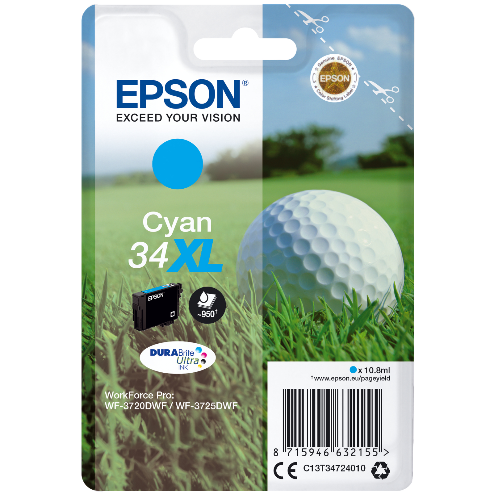 Epson Golf Ball Singlepack cyan 34XL DURABrite Ultra Ink High XL Yield 10.8 Ml 950 Pages