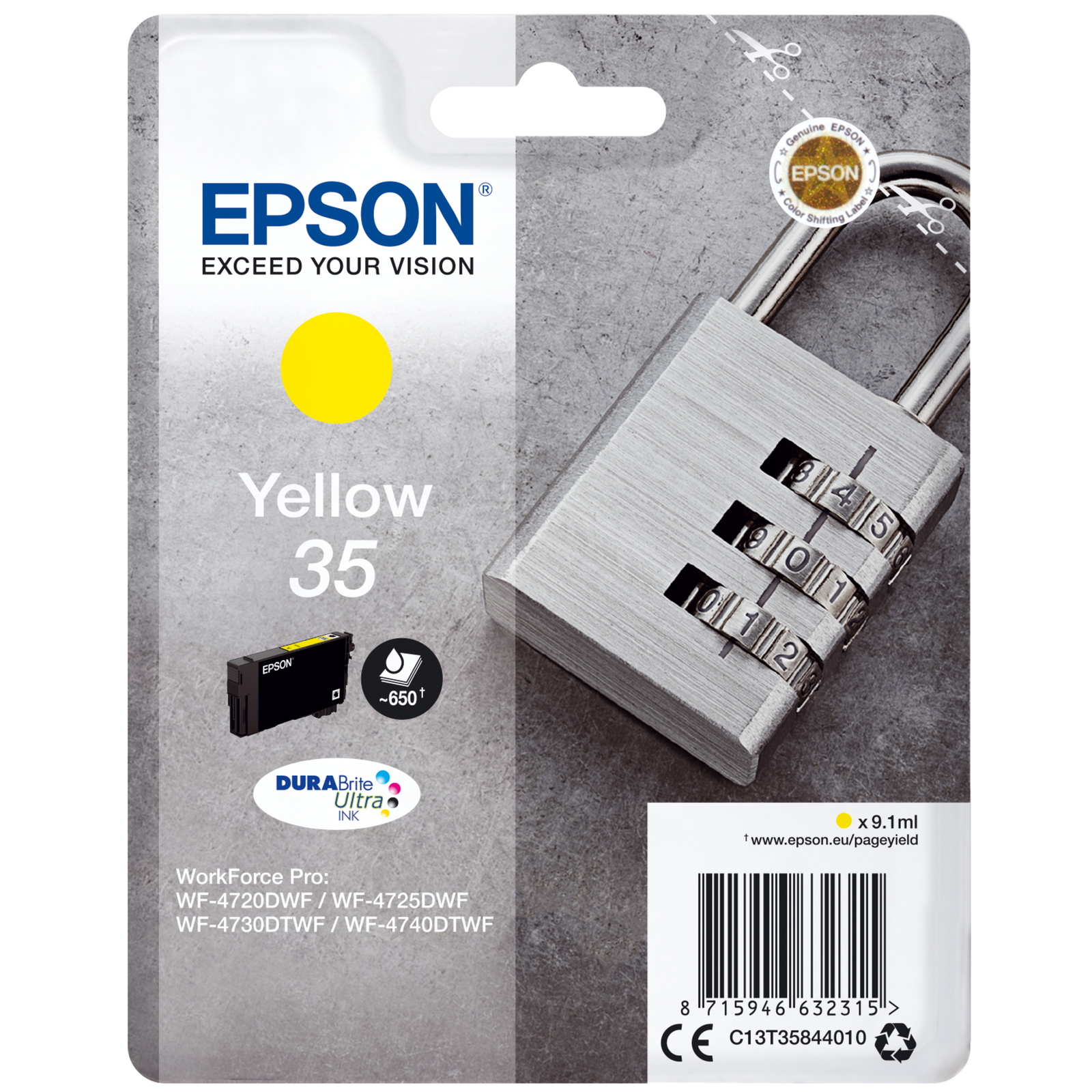 Epson Padlock Singlepack Yellow 35 DURABrite Ultra Ink Standard Yield 9.1