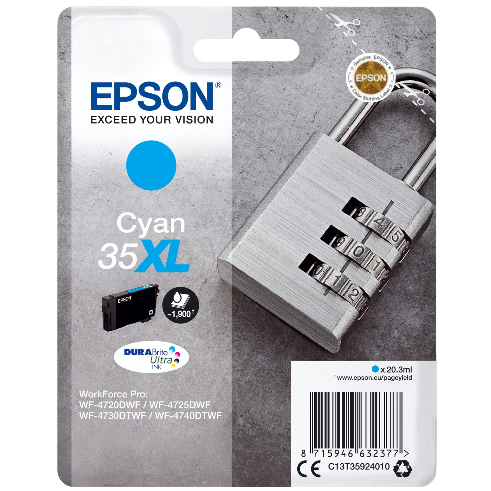 Epson Padlock Singlepack cyan 35XL DURABrite Ultra Ink High XL Yield 20.3 Ml 1900 Pages