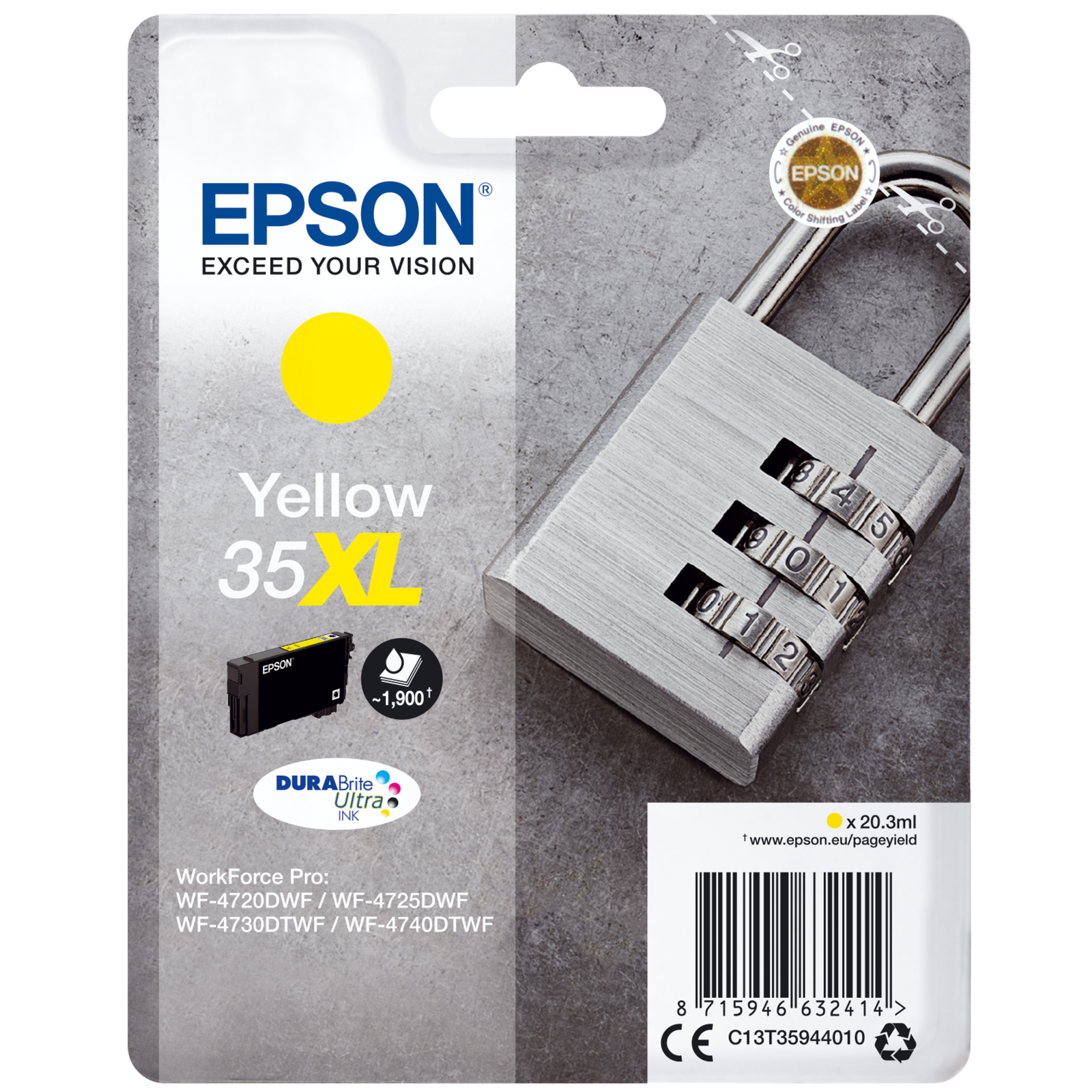 Epson Padlock Singlepack Yellow 35XL DURABrite Ultra Ink High XL Yield