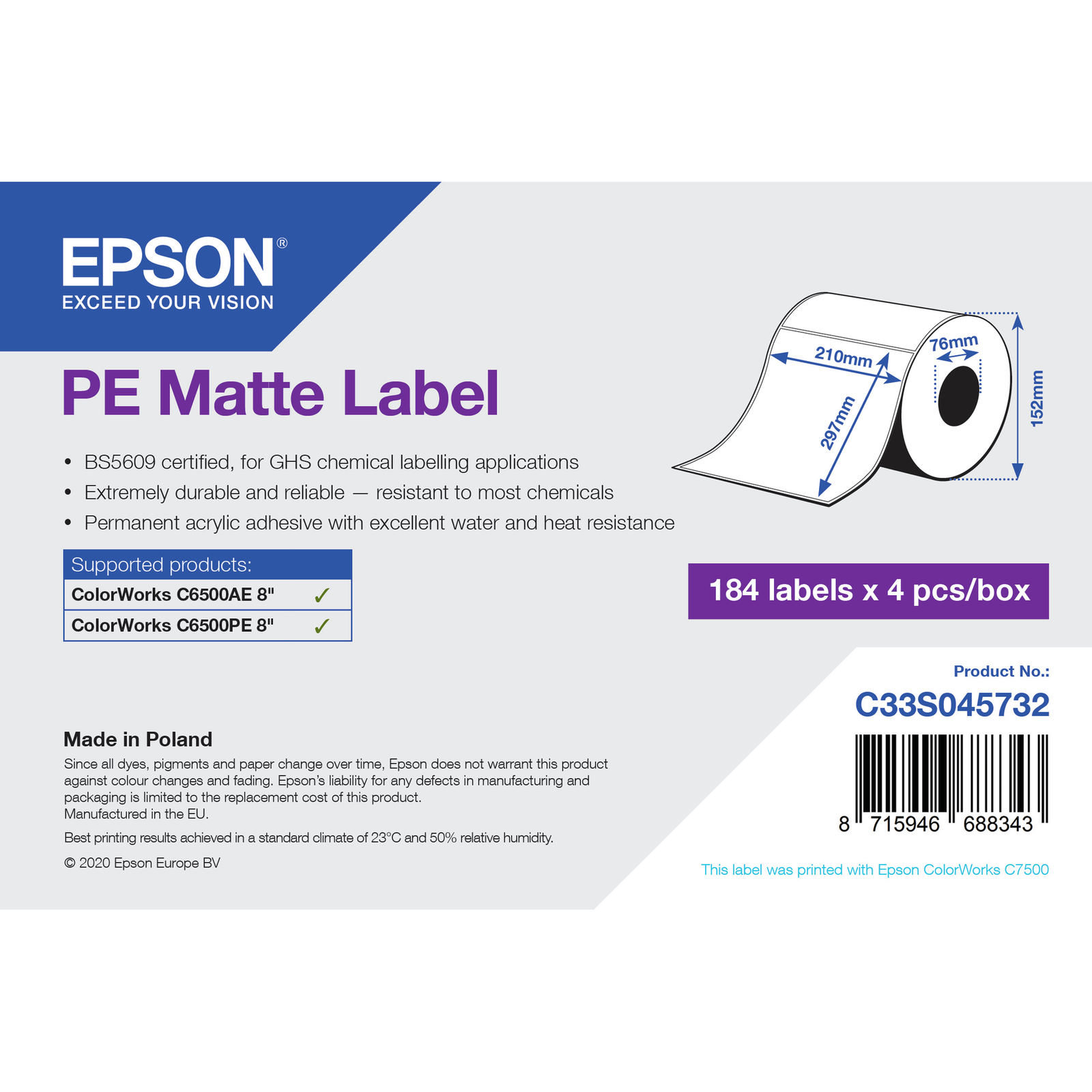Epson PE matte 210 X 297.4 Mm 736 Label(s) (4 Roll(s) (C33S045732)