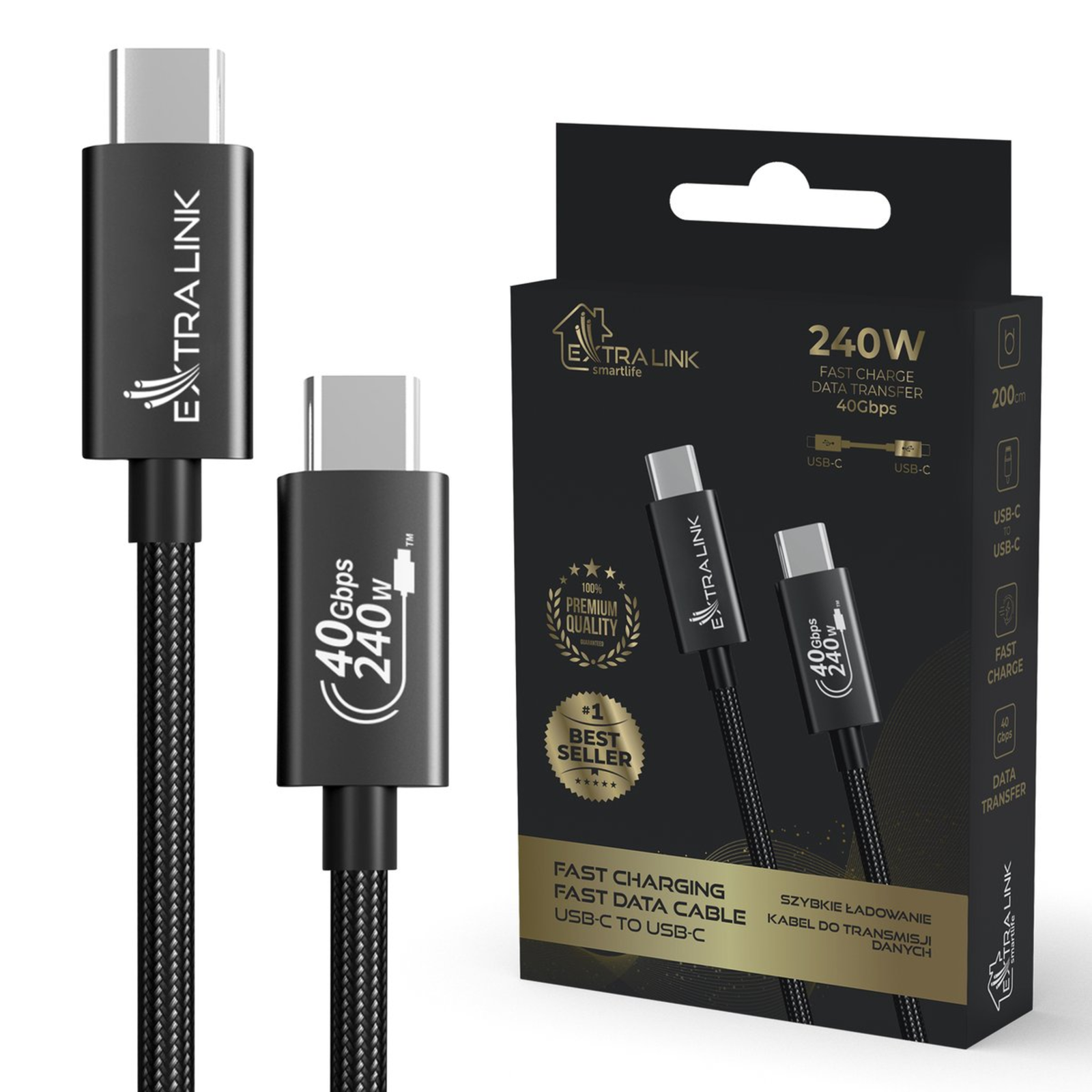 Extralink Smart Life USB Type-C to Type-C Cable Braided Black USB-C Cable 240W 40Gbps 200cm