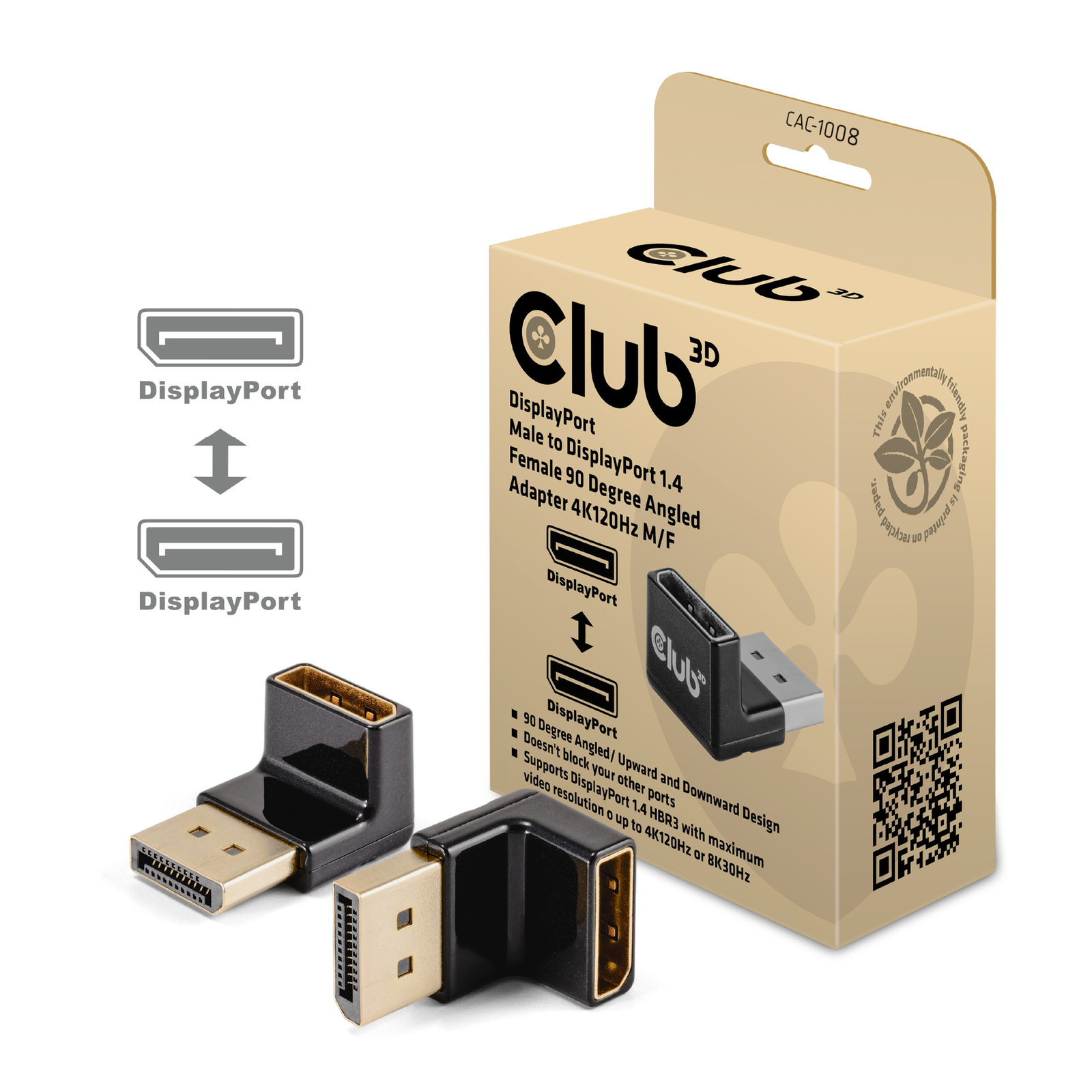 Club 3D DISPLAYPORT MALE to DISPLAYPORT 1.4 FEMALE 90 DEGREE ANGLED ADAPTER 4K120HZ M/F Adapter