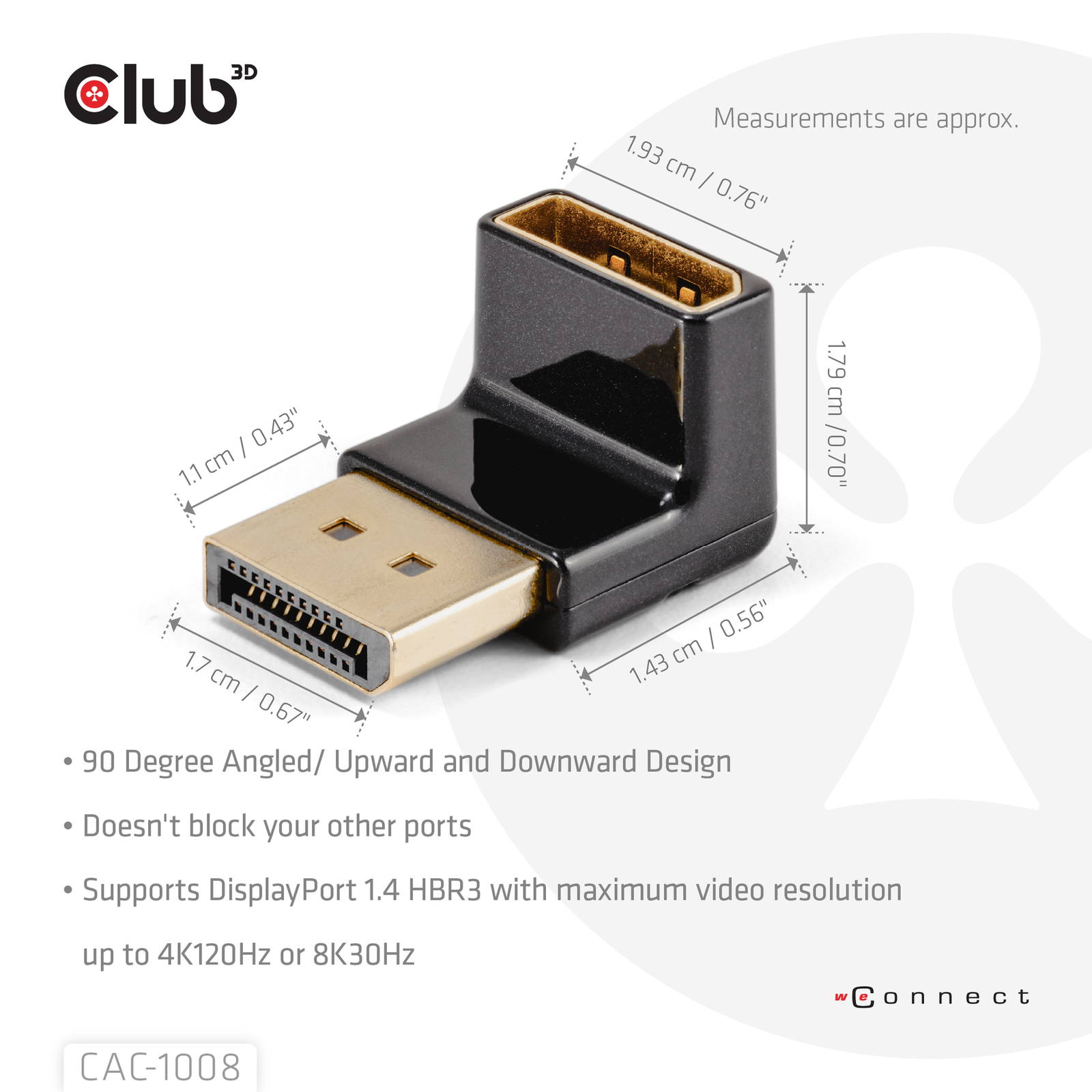 Club 3D DISPLAYPORT MALE to DISPLAYPORT 1.4 FEMALE 90 DEGREE ANGLED ADAPTER 4K120HZ M/F Adapter