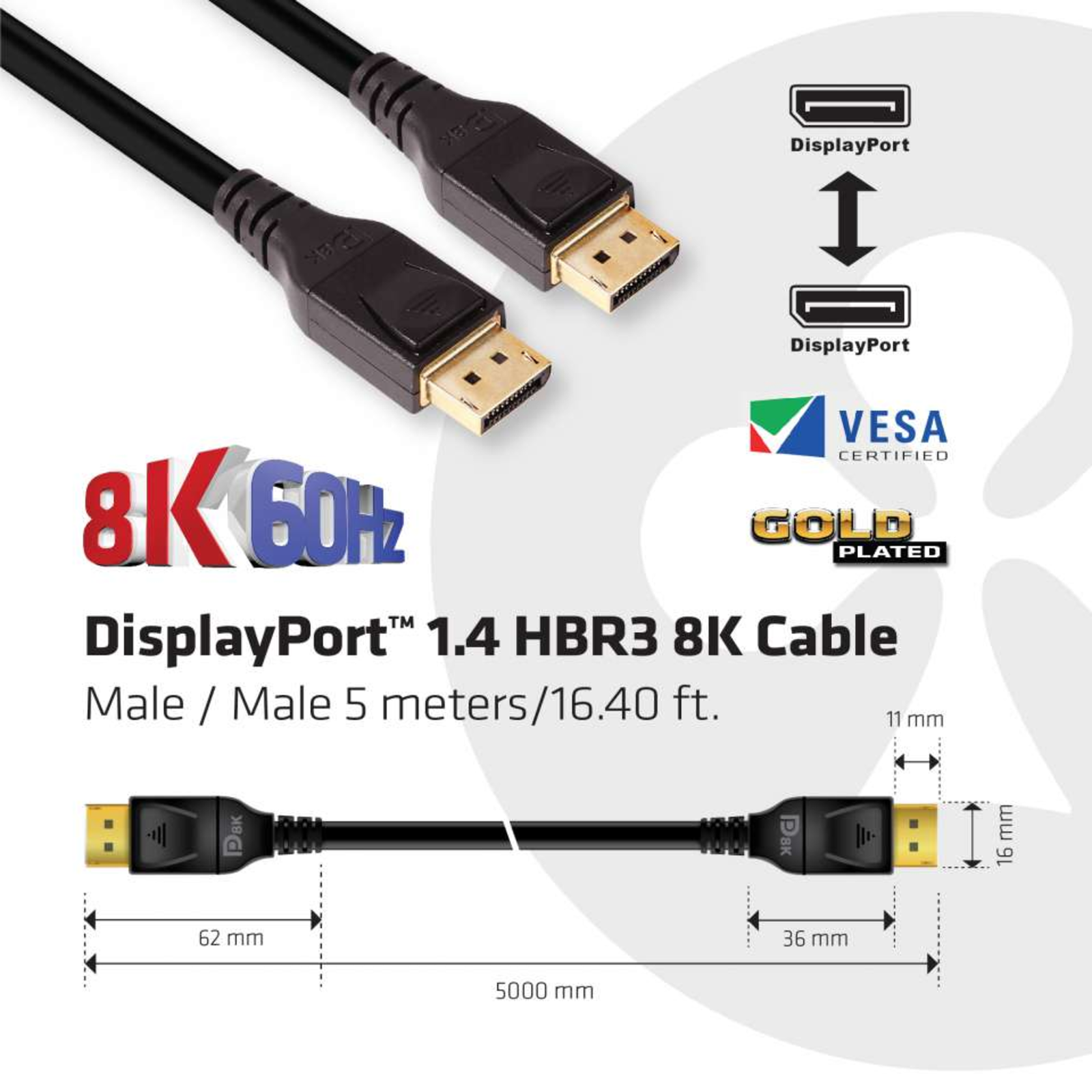 Club 3D 20 Pin Display Port Male Haspet to 20 Pin Display Port Male 5 M