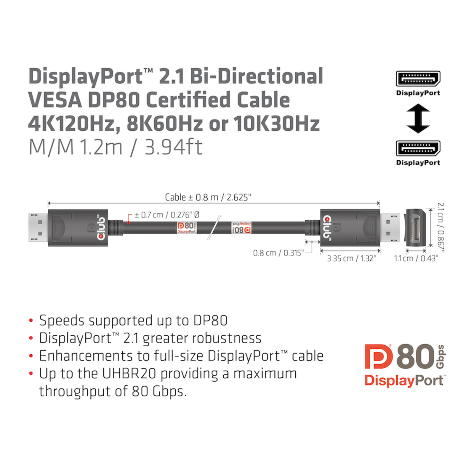 Club 3D DisplayPort Cable 1.2m