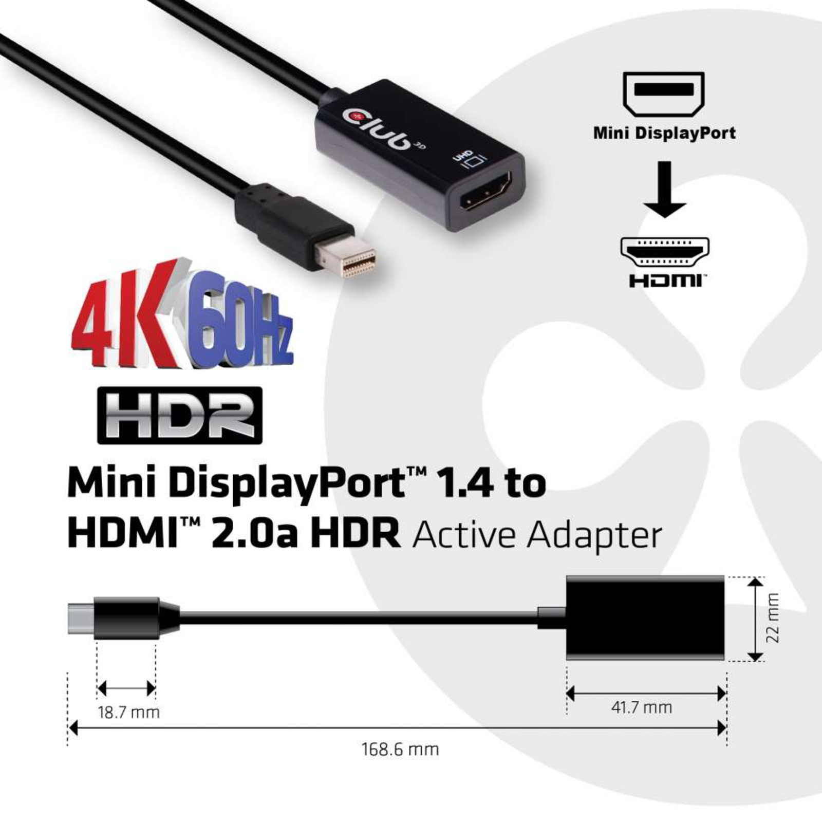 Club 3D Mini Display Port to HDMI 2.0a HDR 4K6