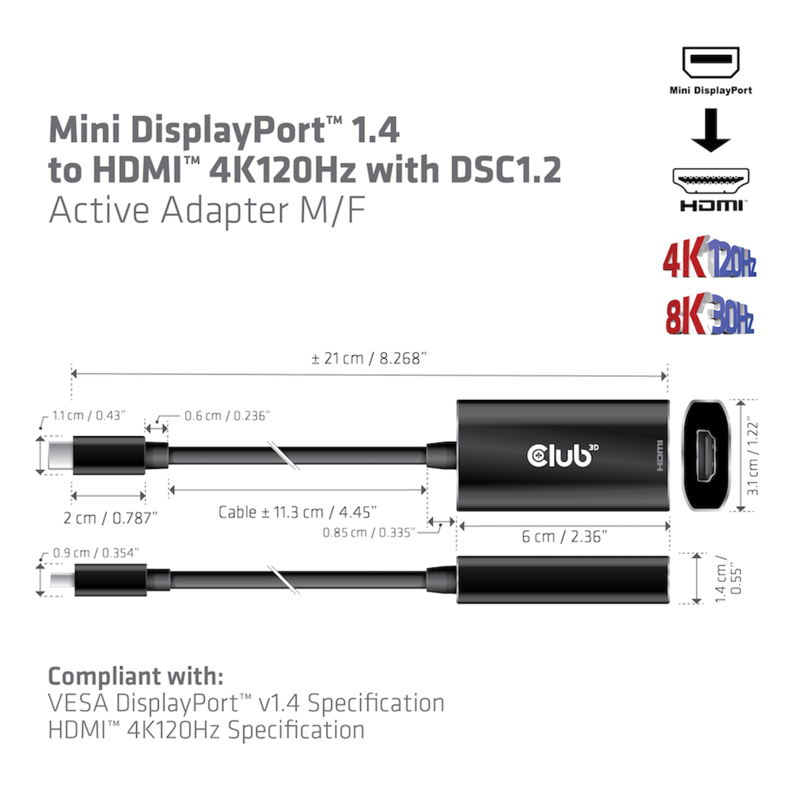 Club 3D Adapter MiniDisplayPort HDMI 2.1 HDR 4K120Hz