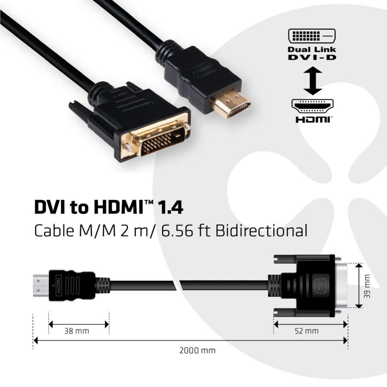 club3D DVI HDMI Adapter Cable DVI-D 24+1-pin Plug HDMI-A 2.00 M Black Flame-retardant