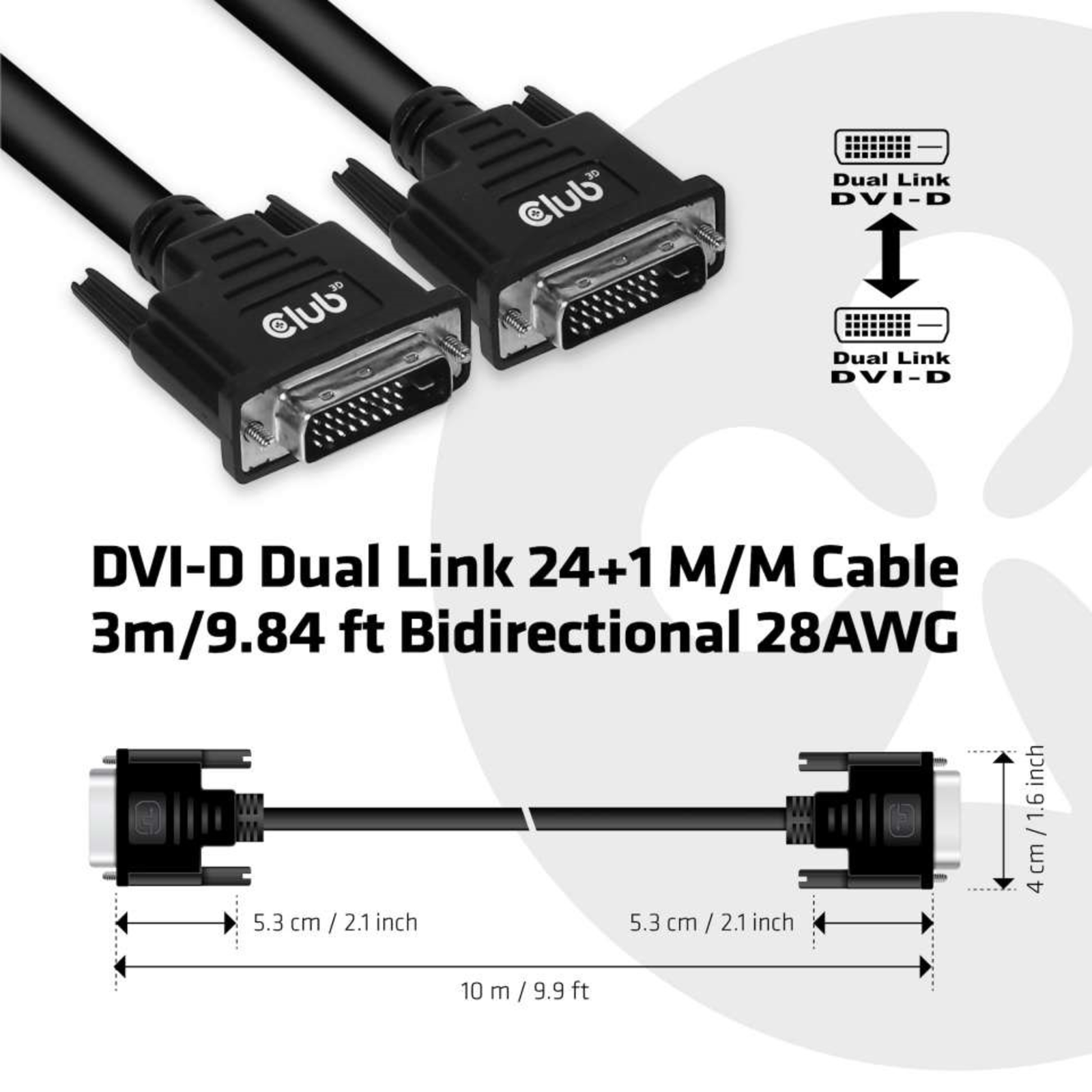 club3D DVI Connection Cable DVI-D 24+1-pin Plug 3.00 M Black CAC-1223 DVI Cable