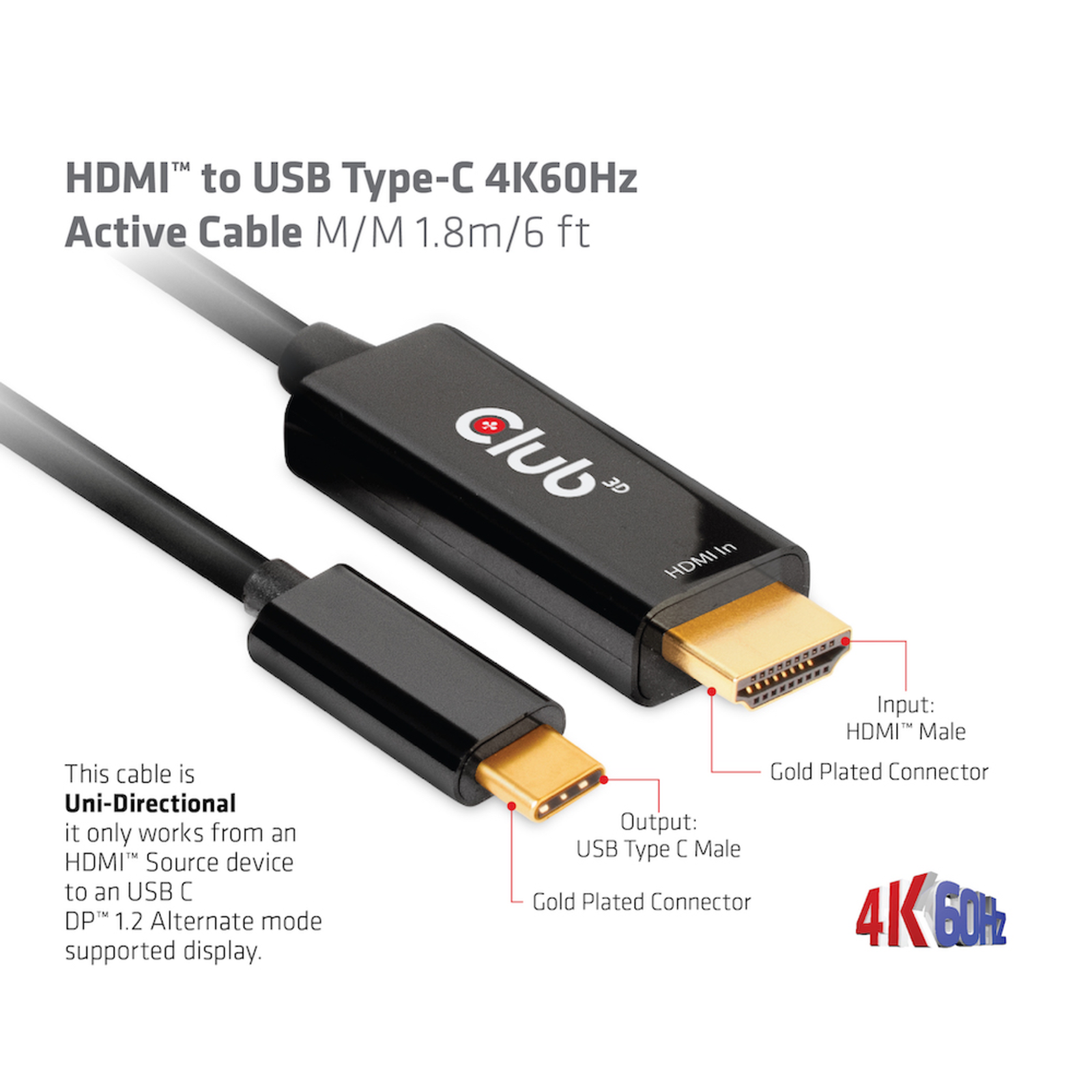Club 3D Videoadapter Cable Display Port HDMI 1.8m Black