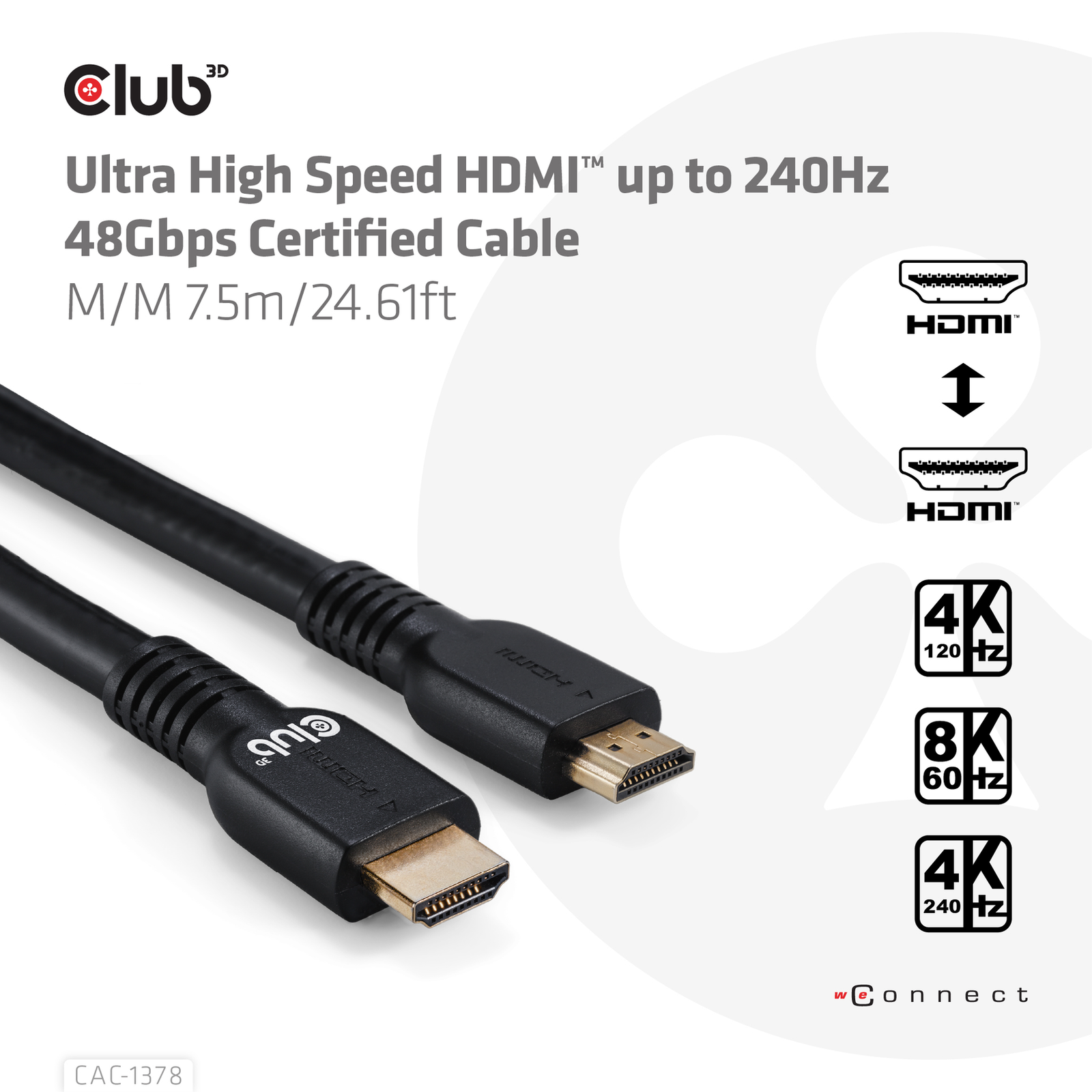 Club3D HDMI Cable A A 2.1 Ultra High Speed 8K60Hz 7.5m Retail