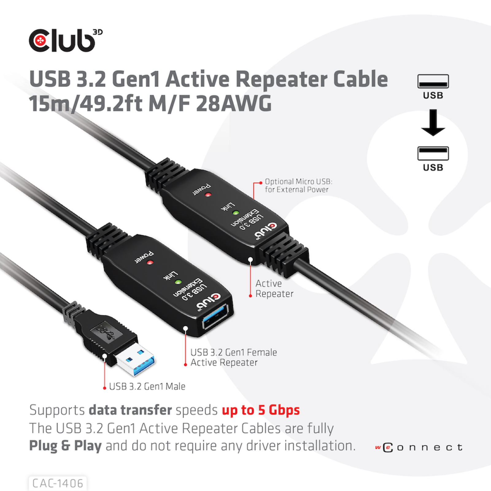 Club 3D USB 3.2 Gen 1 USB Extender Cable 5m Black