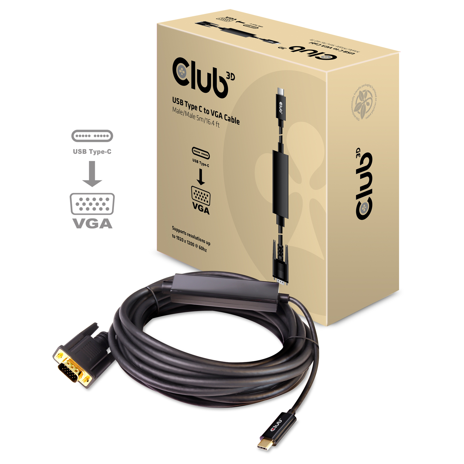 Club 3D CAC-1512 USB-C to VGA Active Adapter Cable 5m Black