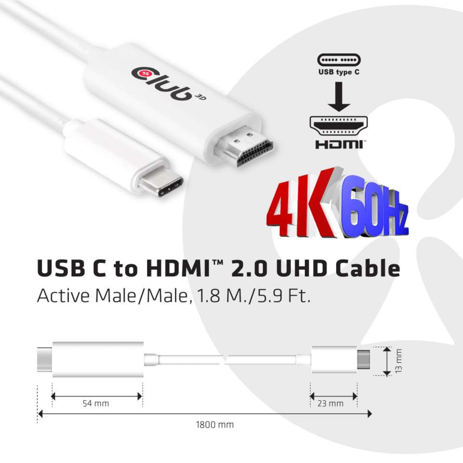 Club 3D USB 3.1 Type C to HDMI 2.0 1.8m Active