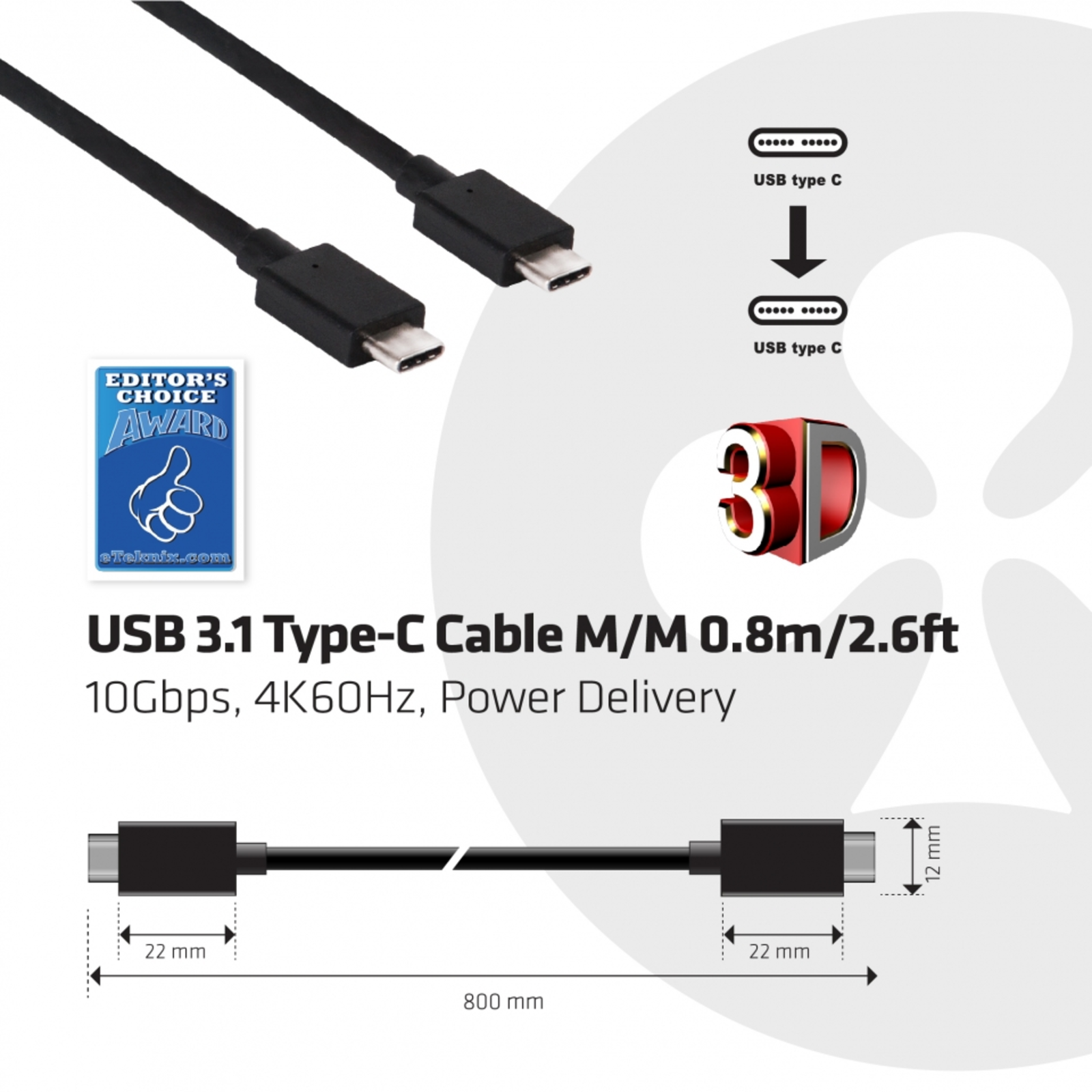 Club 3D USB 3.1 Type-C Cable M M 0.8 M