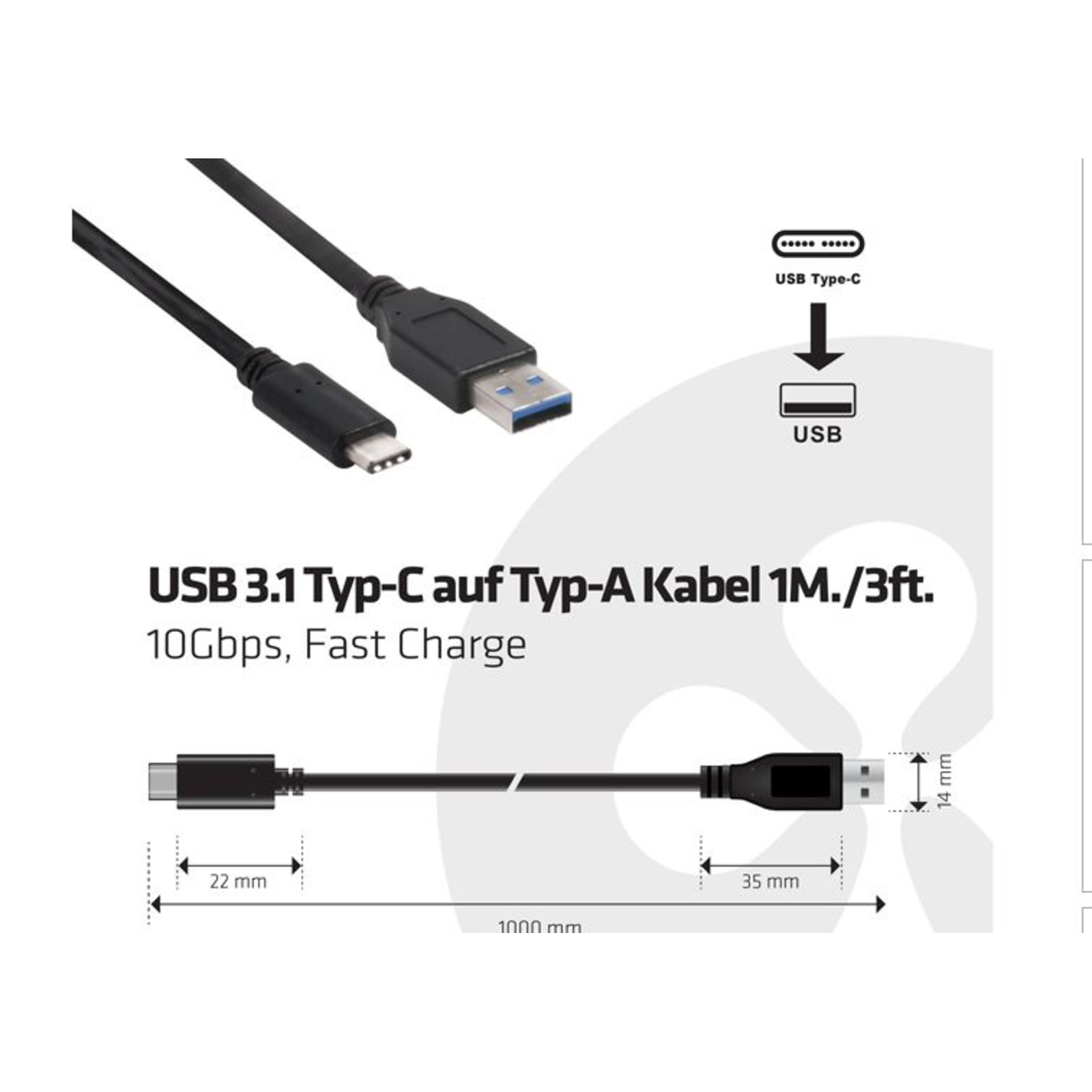 club3D USB Cable USB 3.2 Gen1 (USB 3.0 USB 3.1 Gen1) USB-C Plug USB-A Plug 1.00 M Black CAC-1523