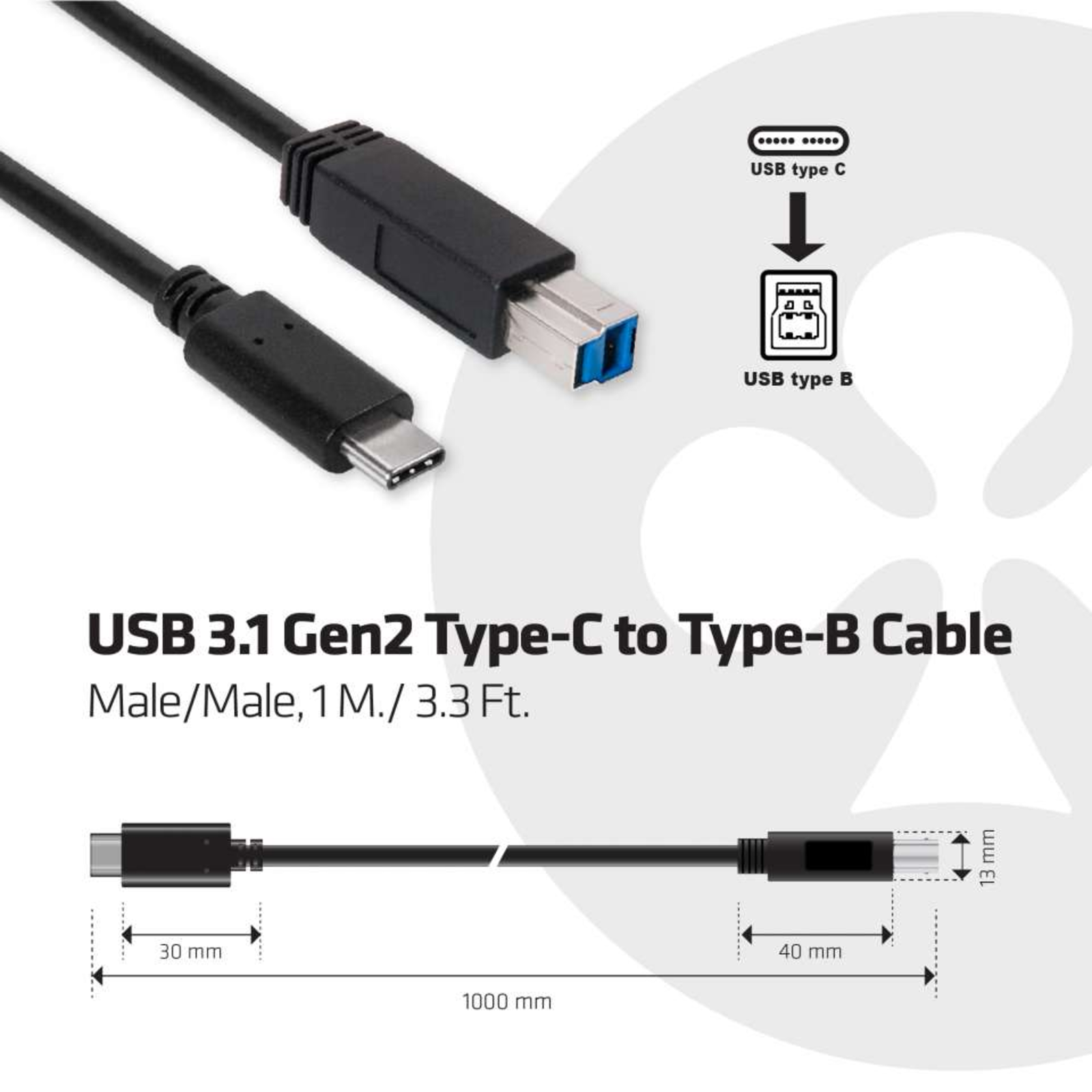 club3D USB Cable USB 3.2 Gen1 (USB 3.0 USB 3.1 Gen1) USB-C Plug USB-B Plug 1.00 M CAC-1524