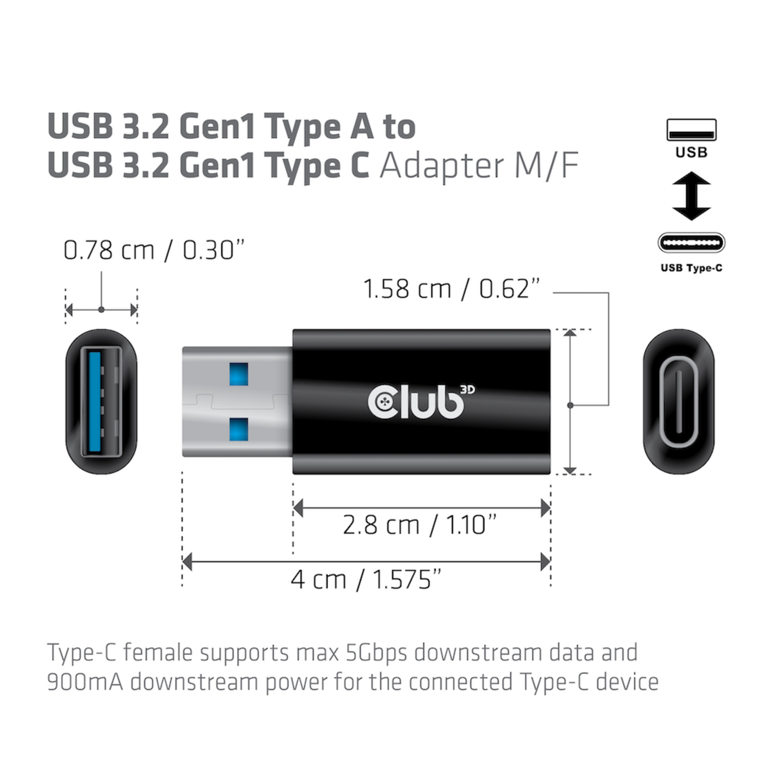 Club 3D Adapter USB 3.2 Gen.1 Type-A Plug to USB 3.2 Gen1 Type-C Socket