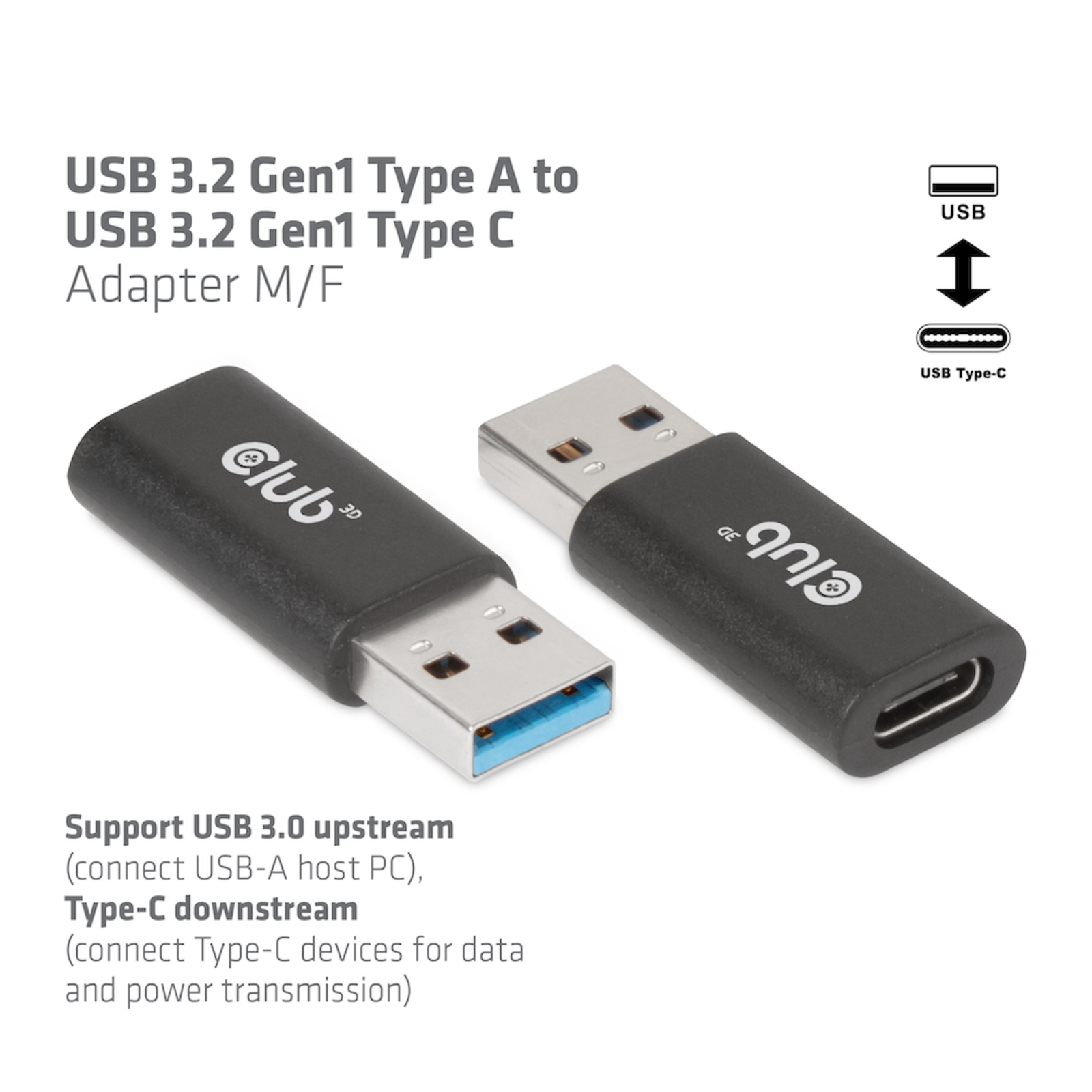 Club 3D Adapter USB 3.2 Gen.1 Type-A Plug to USB 3.2 Gen1 Type-C Socket