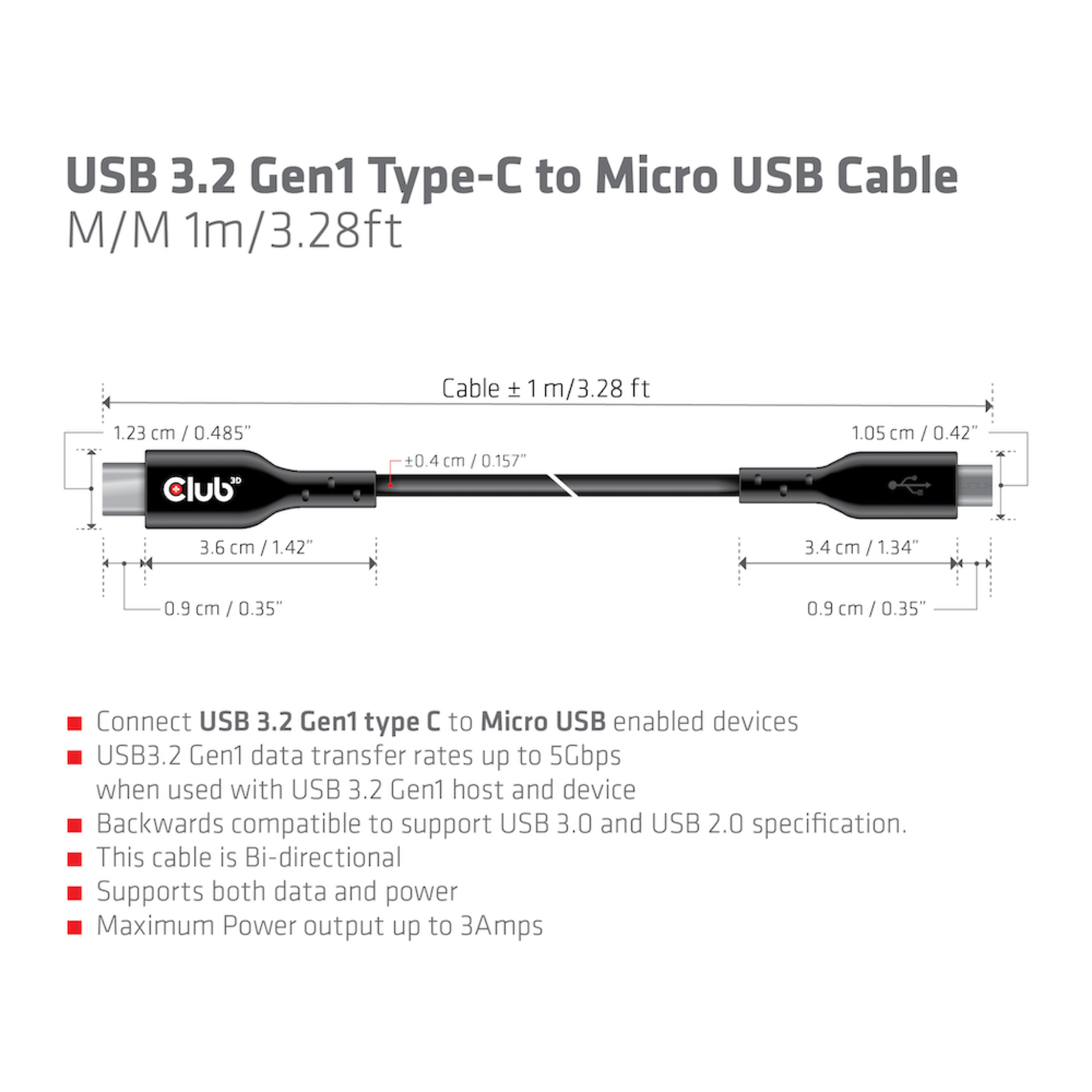 club3D USB Cable USB 3.2 Gen1 USB 3.0 USB 3.1 Gen1 USB-C Plug USB Micro-B Plug 1.00 M Black CAC-1526