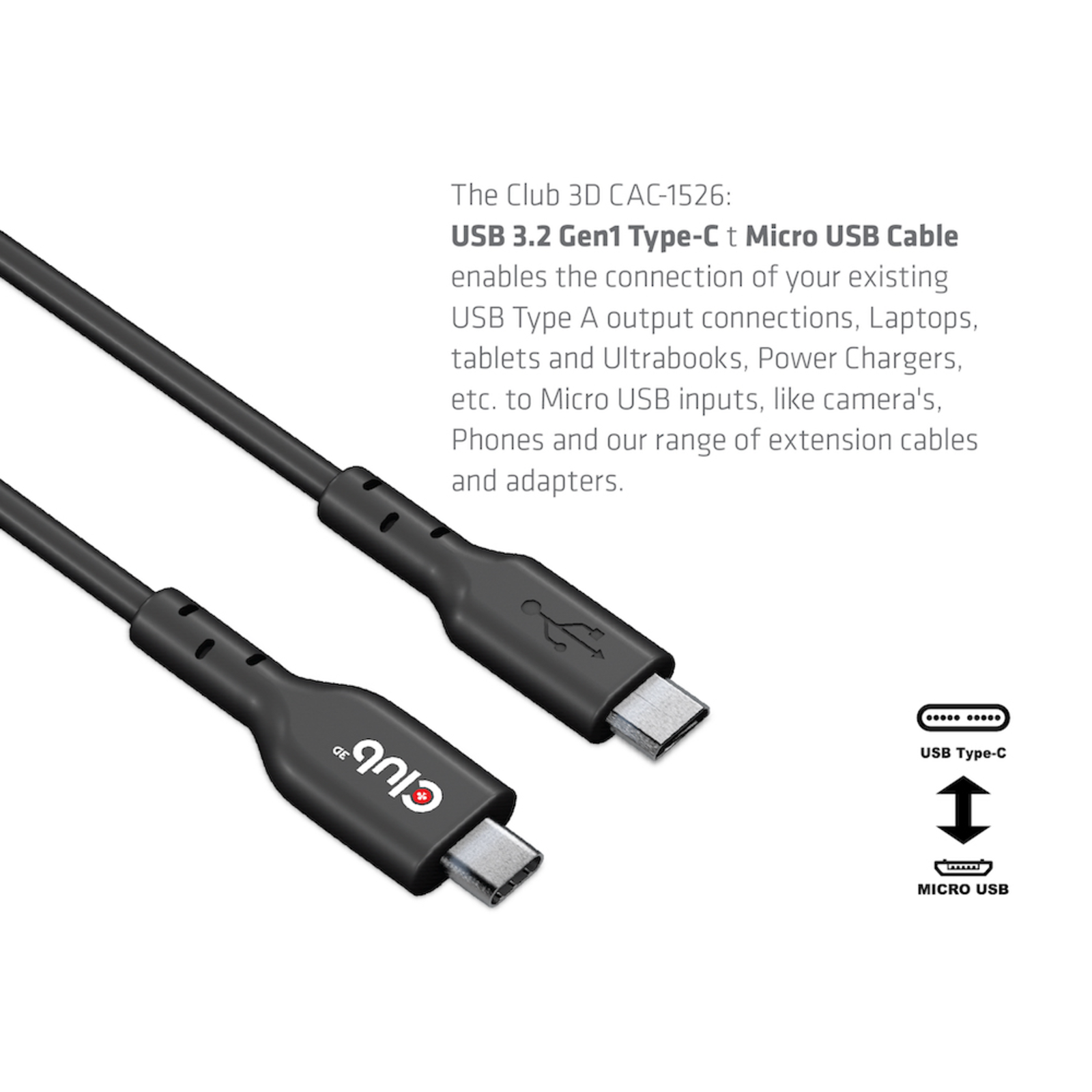 club3D USB Cable USB 3.2 Gen1 USB 3.0 USB 3.1 Gen1 USB-C Plug USB Micro-B Plug 1.00 M Black CAC-1526