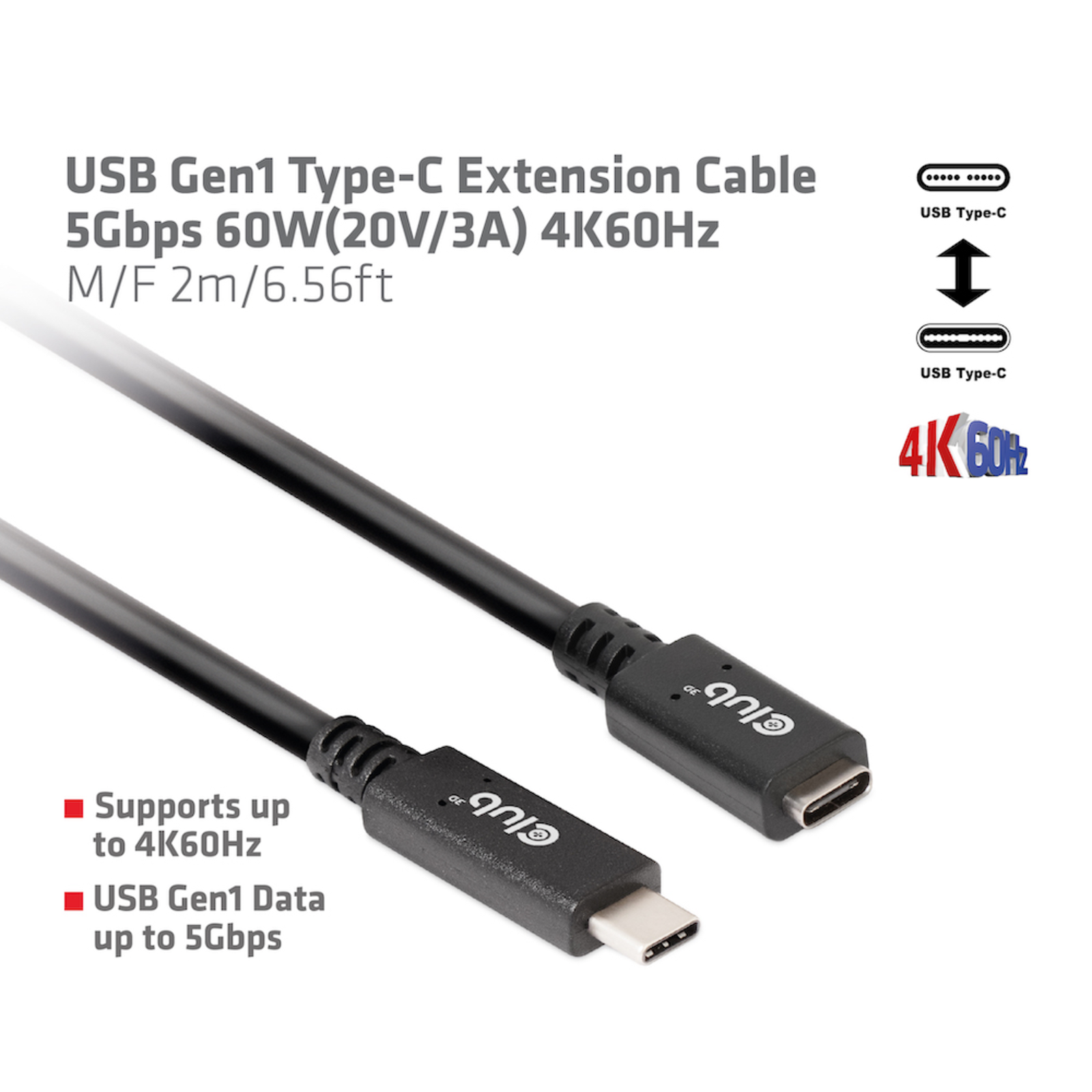 Club 3D USB Type-C Extender Cable 2m Black