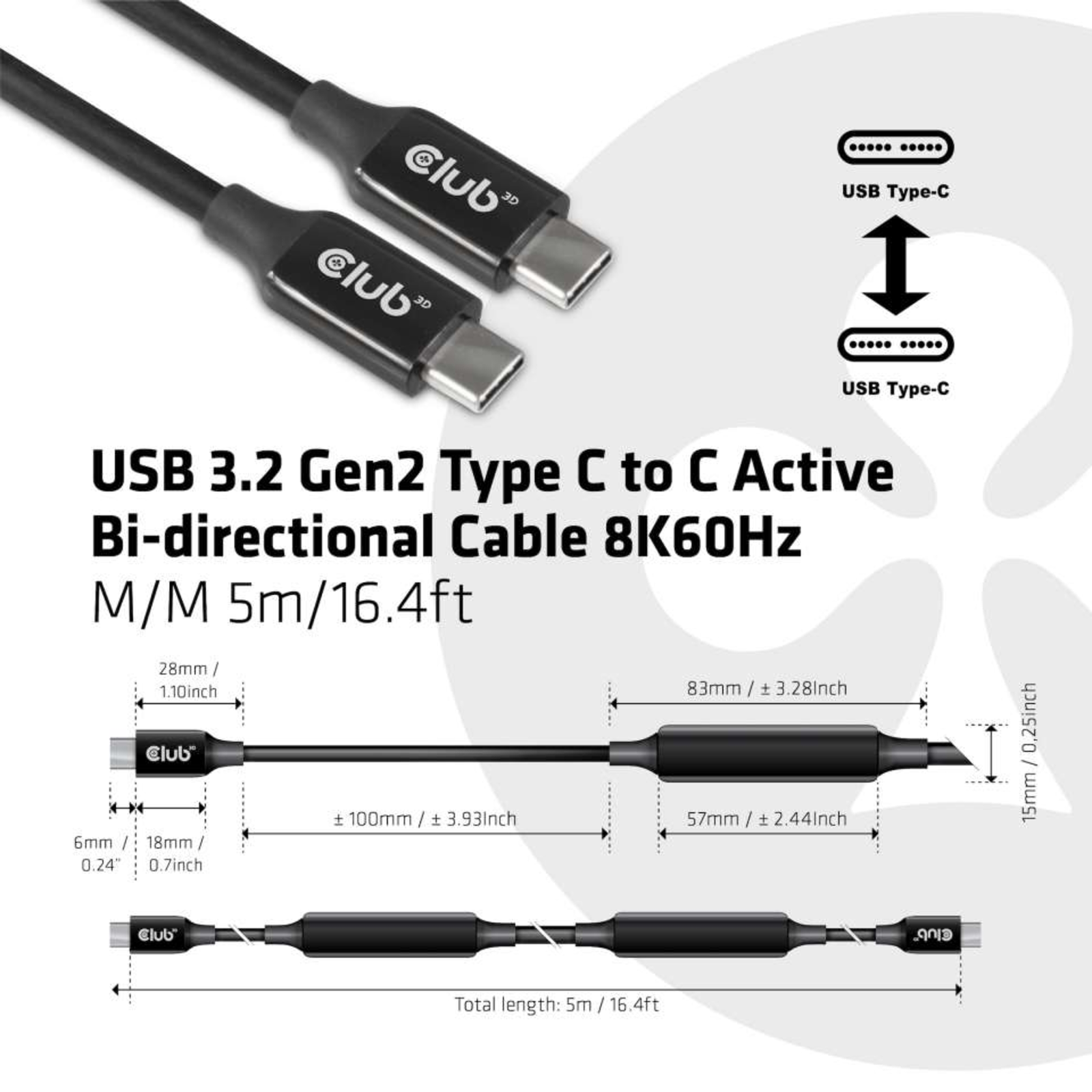 Club 3D USB 3.2 Gen 2 Display Port 1.4 USB Type-C Cable 5m Black