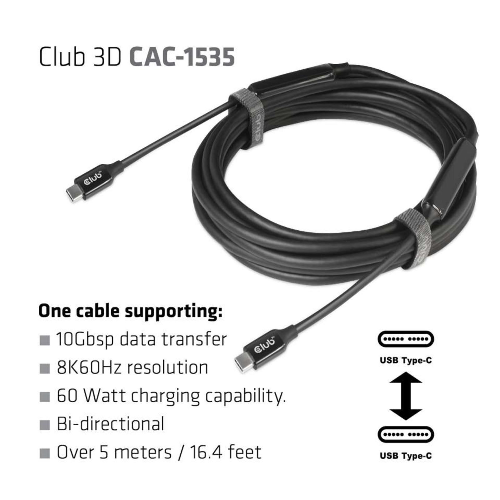 Club 3D USB 3.2 Gen 2 Display Port 1.4 USB Type-C Cable 5m Black