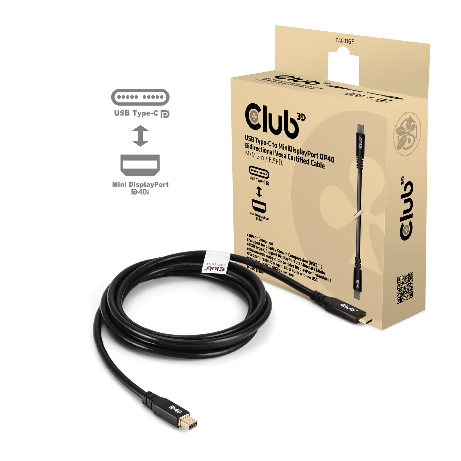 Club 3D Cable USB Type C (male) DisplayPort Mini 2.1 (male) 2.0m
