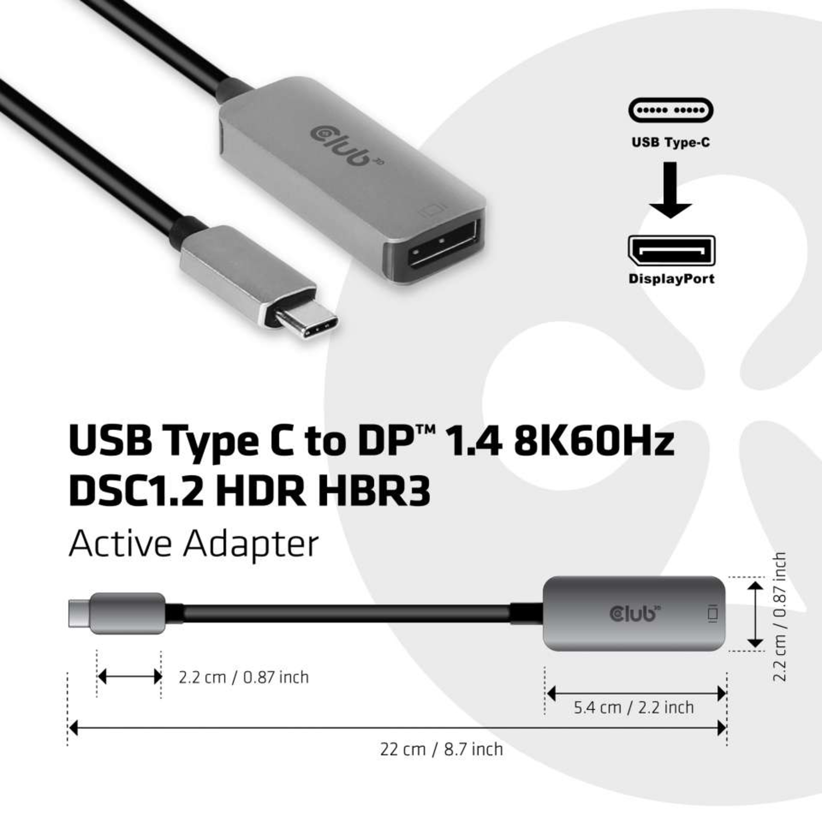 Club 3D Adapter 24 Pin USB-C Male Input to 20 Pin Display Port Female Output 22cm