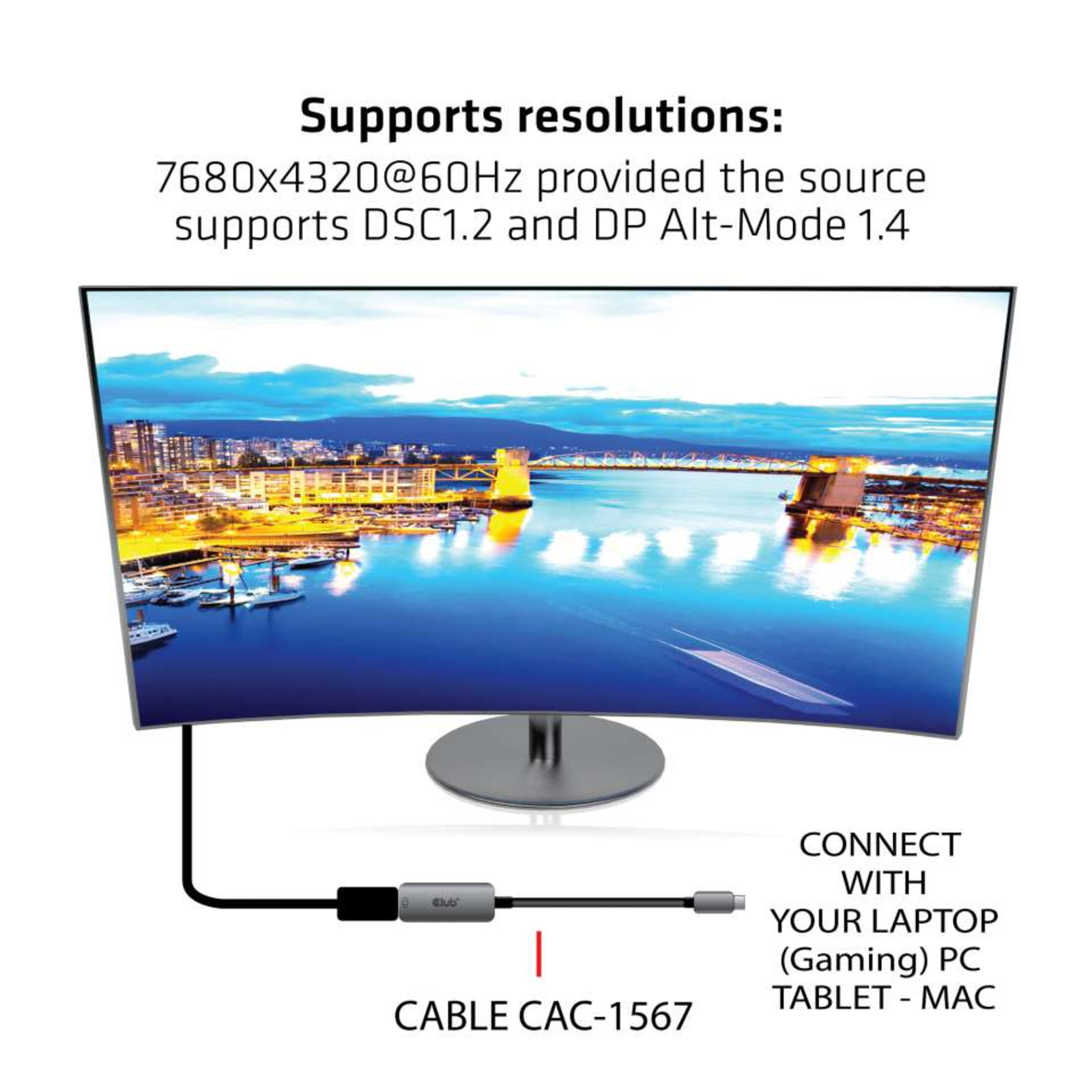 Club 3D Adapter 24 Pin USB-C Male Input to 20 Pin Display Port Female Output 22cm