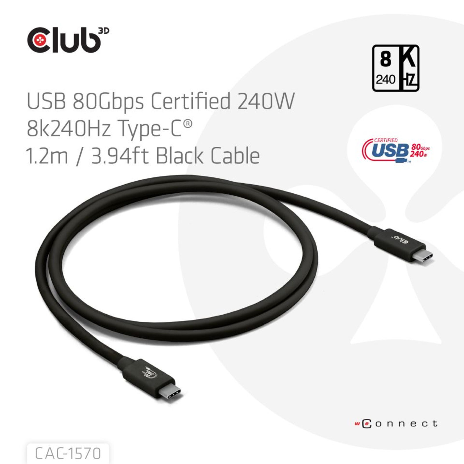 Club3D Cable USB 80Gbps Certifi. PD240W8K240Hz 1,2m StSt Retail