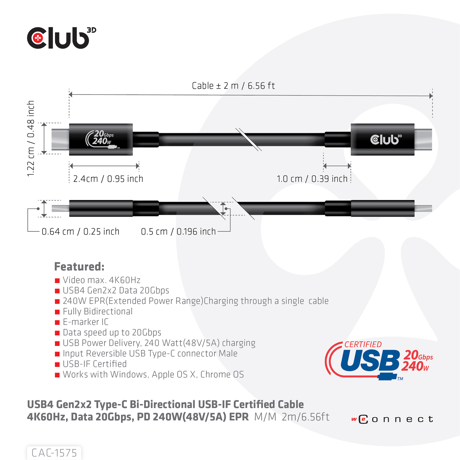 Club 3D USB4 Gen2x2 USB Type-C Cable 2m Black