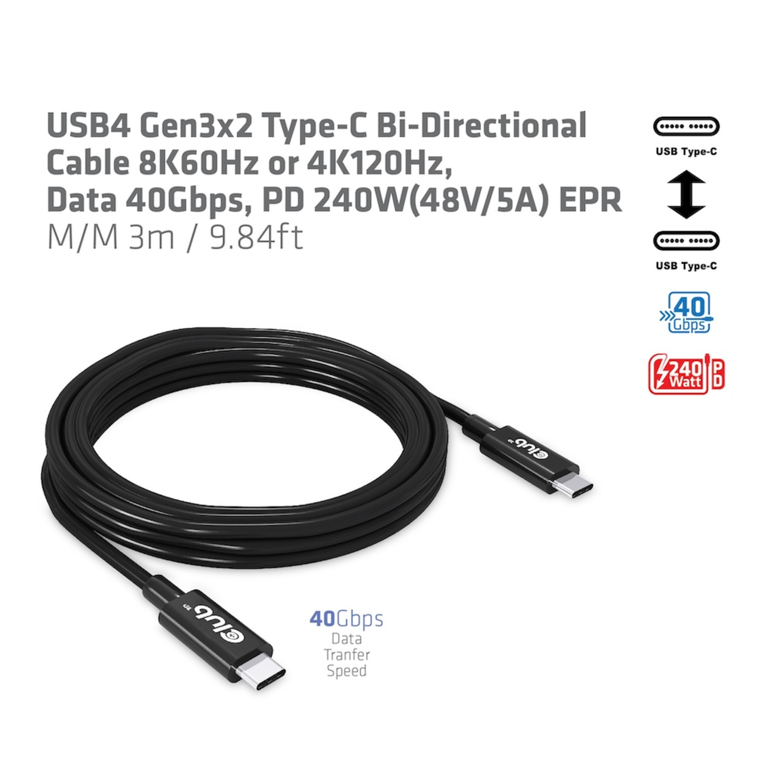 Club 3D USB4 Gen3x2 USB Type-C Cable 3m Black
